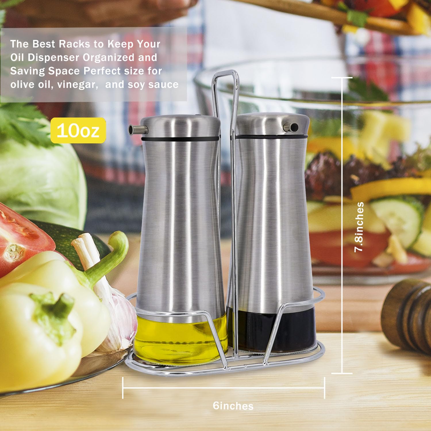 Premium Oil and Vinegar Dispenser Set with Caddy - 2 Pack No-Drip Glass Bottles for Kitchen, Home, Restaurants & Weddings - Perfect for Salad Dressing, Cooking Oil & Balsamic Vinegar