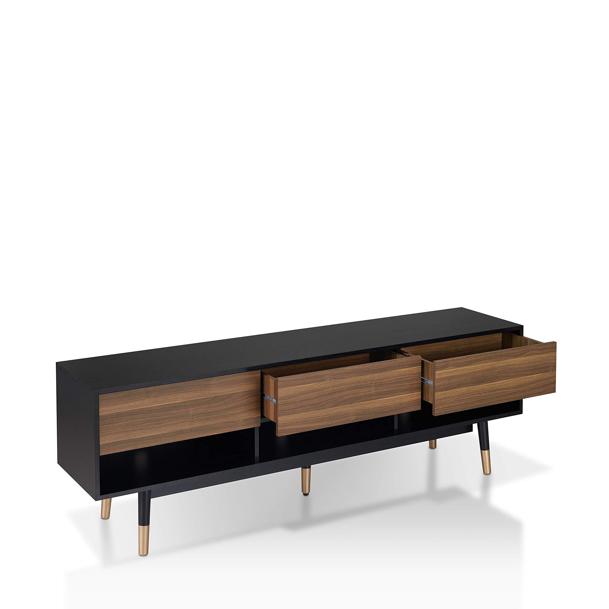 Mid-Century Modern TV Stand with Drawers - Black & Brown MDF Wood Walnut Finish - Includes Hardware - Perfect for Living Room, Bedroom & Home Theater Setup