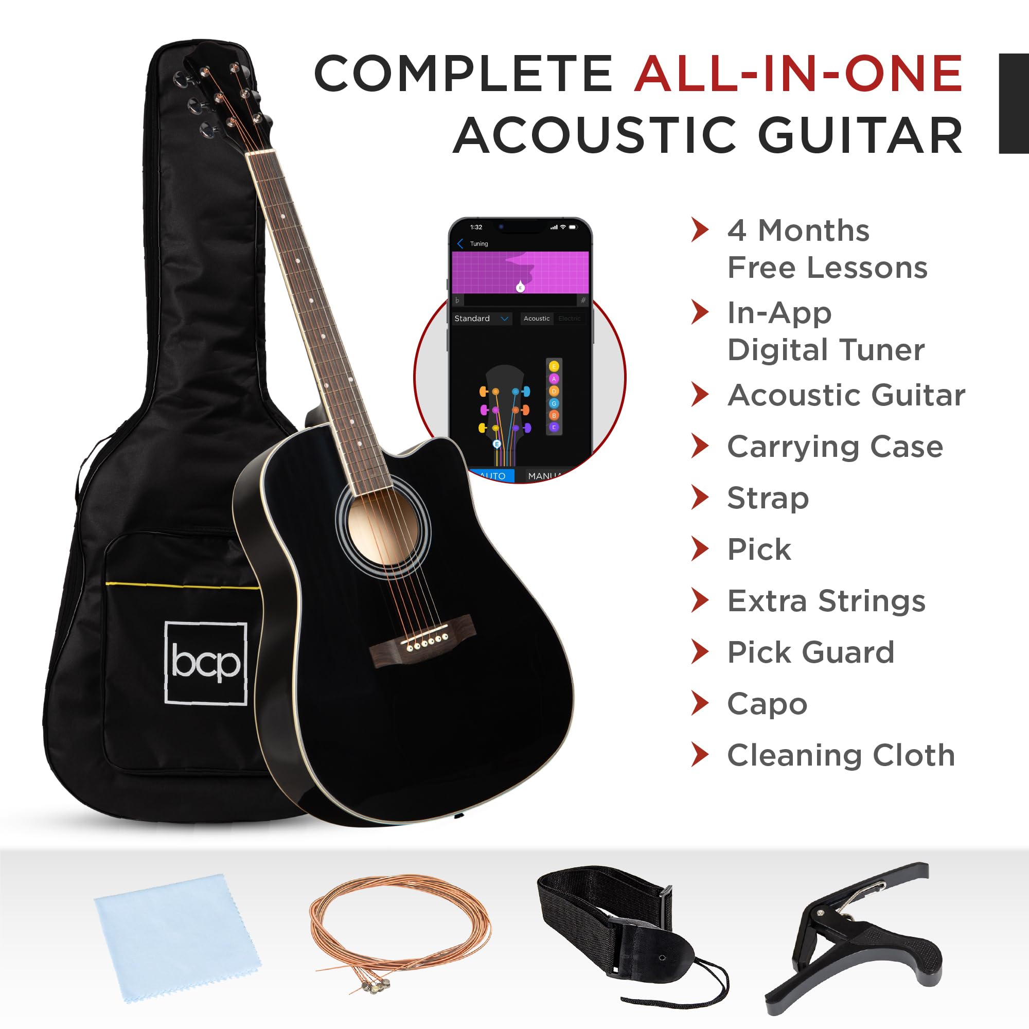Best Choice Products 41-Inch Full Size Beginner Acoustic Guitar Cutaway All Wood Starter Set with Case, Strap, Capo, Strings & Picks - Black - Perfect for Beginners, Practice, Performances & Gifts