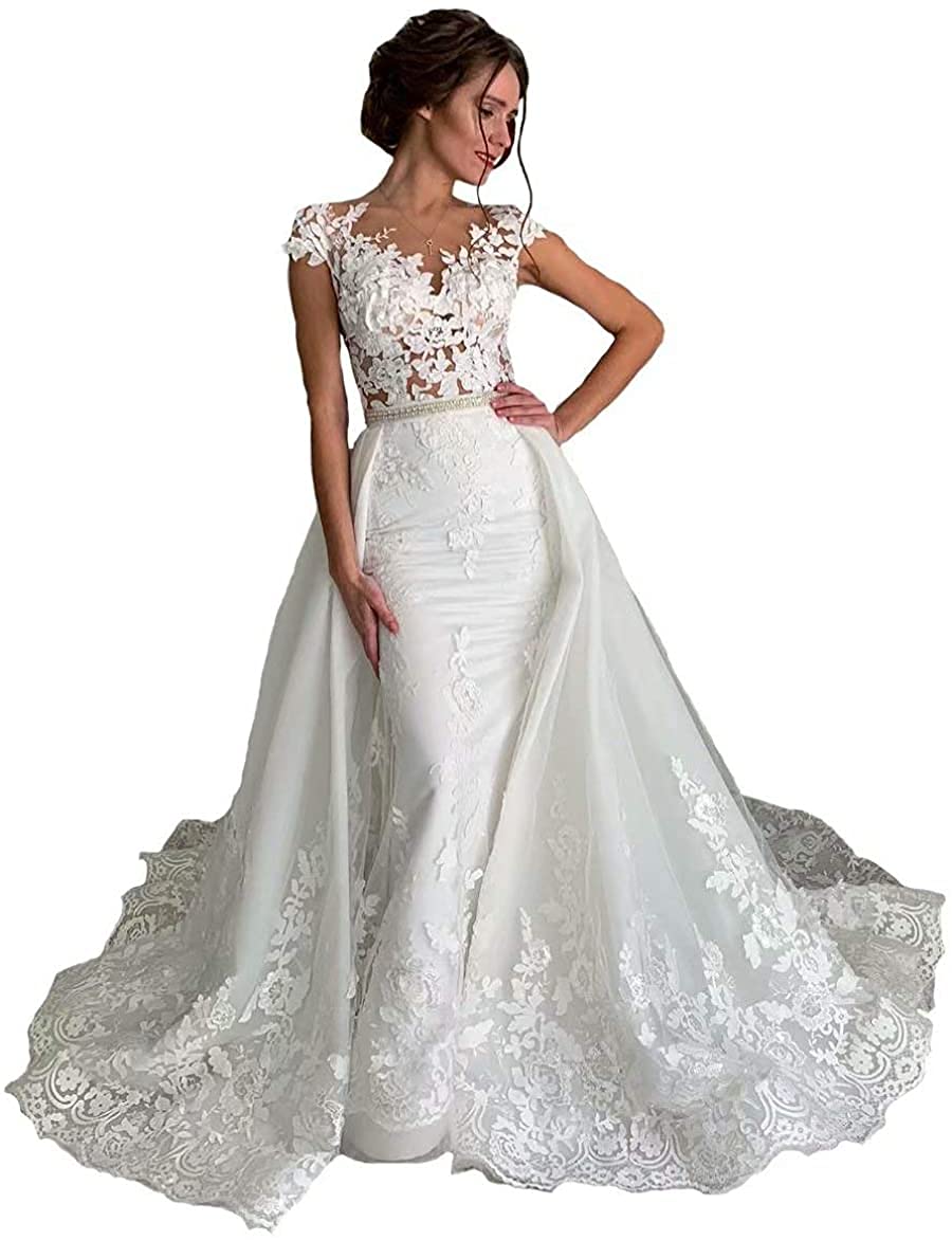 Elegant Mermaid Wedding Dresses for Women - Lace Applique Detachable Long Train Bridal Gown for Bride | Perfect for Beach Weddings, Church Ceremonies & Romantic Photoshoots