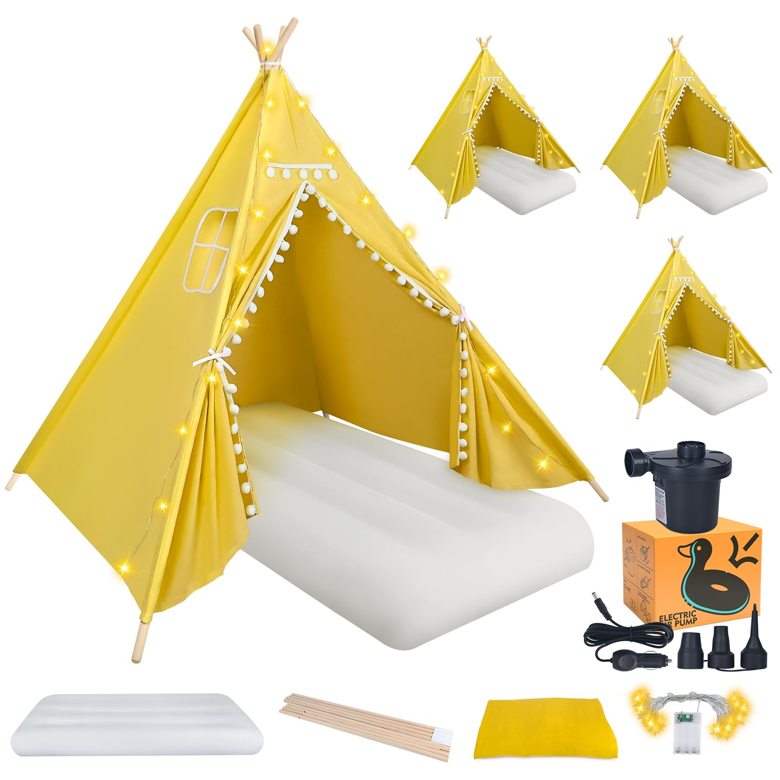 4 Pack Kids Teepee Tent with LED Lights & Inflatable Air Mattress - Play Tents for Boys & Girls, Includes Free Air Pump, Washable for Indoor/Outdoor Use - Perfect for Slumber Parties, Birthday Gifts & Backyard Camping (Yellow)