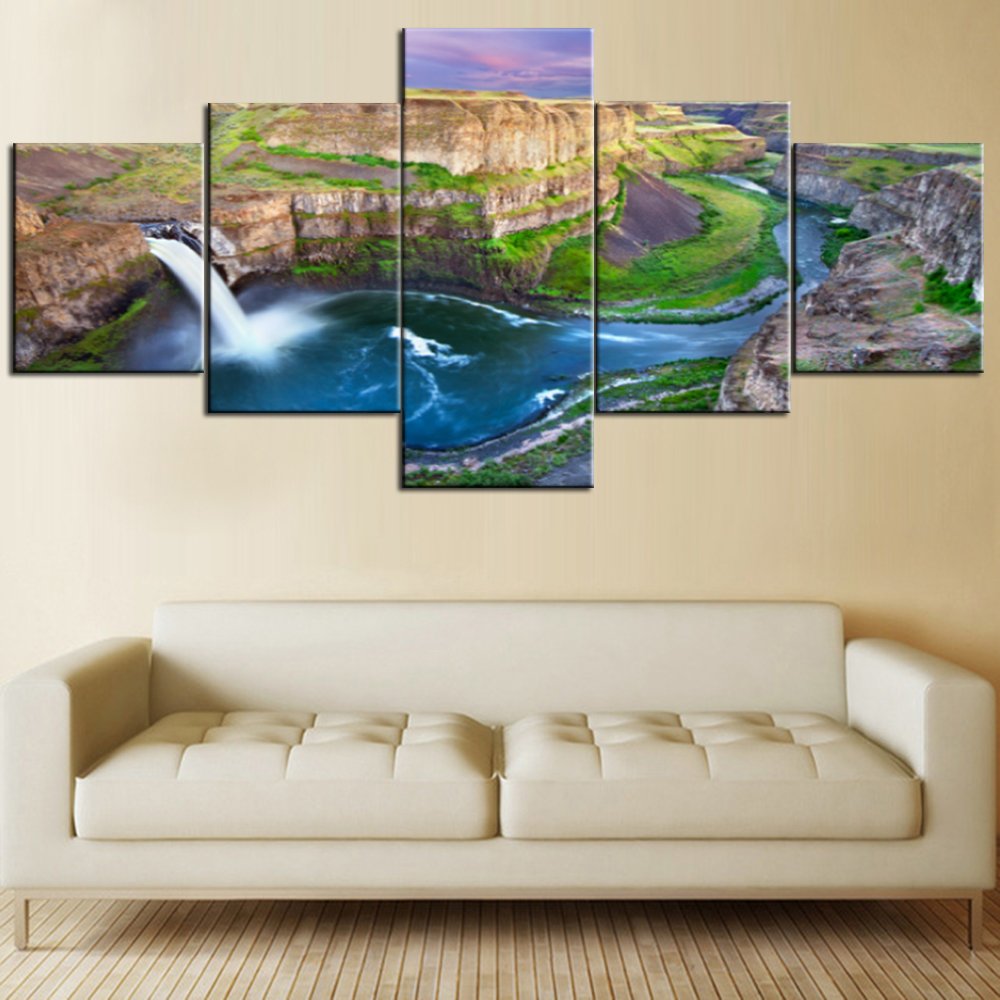 5-Piece Canvas Wall Art Set - Stunning Palouse Falls at Sunset Painting, Framed & Stretched Ready to Hang (50''W x 24''H) - Perfect Living Room Decor for Modern Homes | Washington USA Landscape Art | Ideal for Housewarming Gifts & Office Wall Decor
