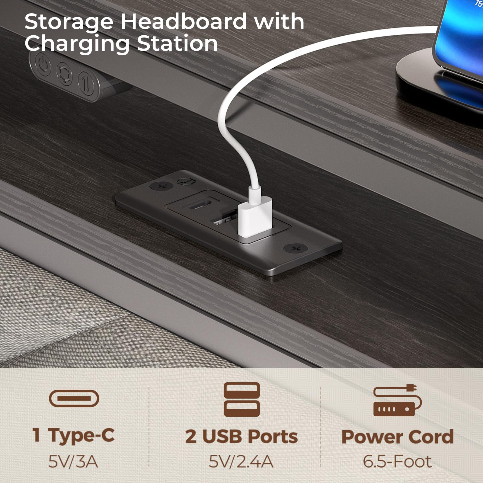 Twin Size Upholstered Platform Bed Frame with LED Headboard & USB Charging Station - Under Bed Storage, No Box Spring Needed, Noise-Free, Easy Assembly, Grey - Perfect for Small Bedrooms, Dorms & Guest Rooms