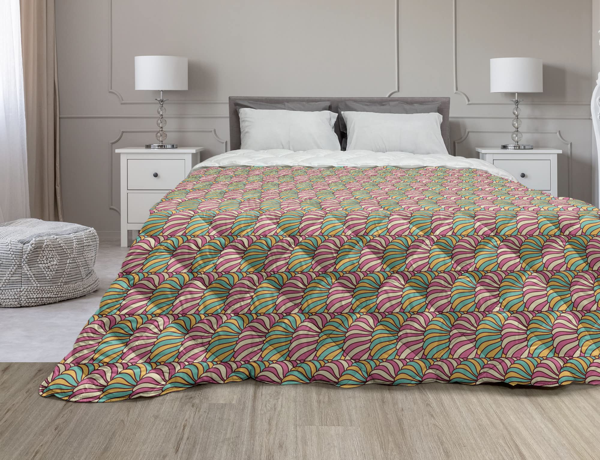 Ambesonne Abstract Down Alternative Comforter - Retro Swirly Candy Inspired Design with Gradient Stripes, All-Season Microfiber Quilt, Twin Size in Turquoise & Pink - Perfect for Bedroom Decor, Guest Room, Dorm & Cozy Home Styling