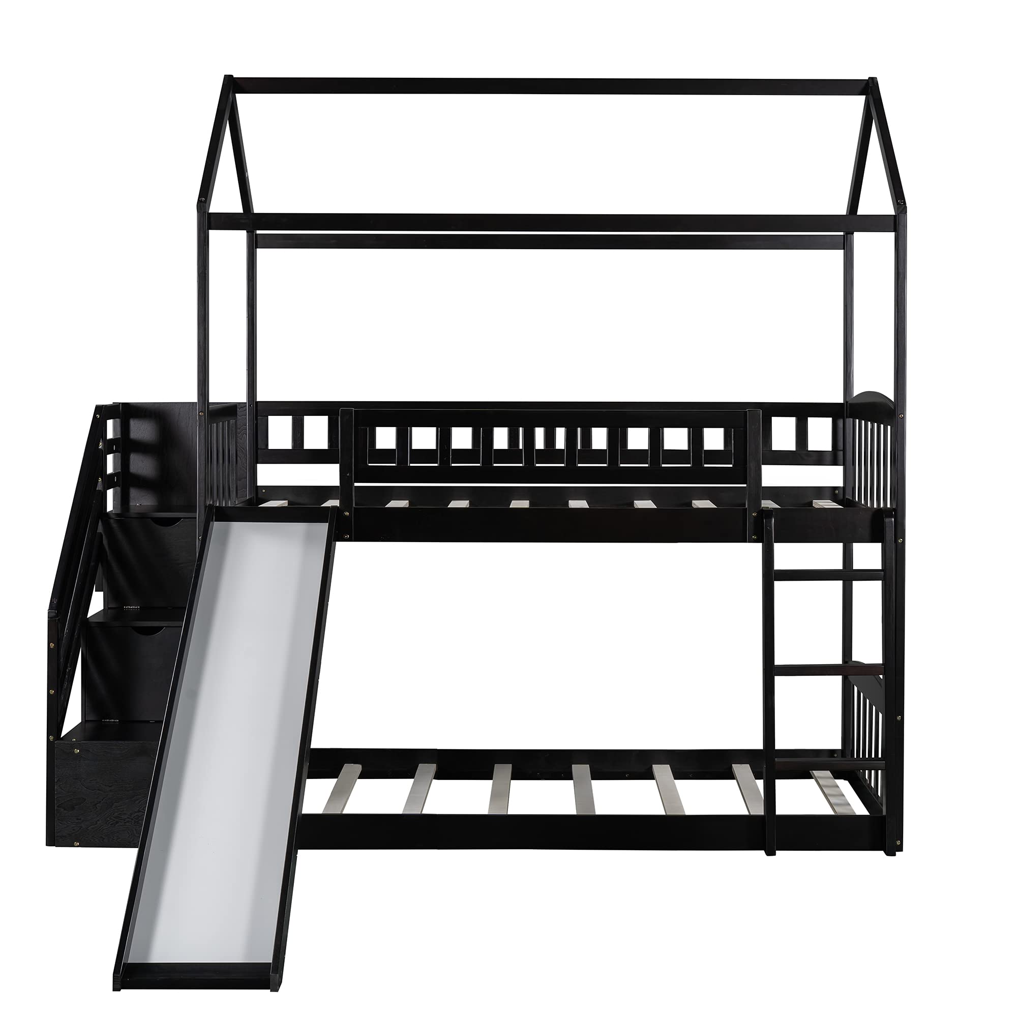 Twin Over Twin Wooden House Bunk Bed with Slide, 2 Drawers, Roof & Guardrails - Kids/Teens Bedroom Furniture, No Box Spring Needed (Espresso) - Perfect for Space-Saving Kids Rooms, Sleepovers & Play Areas