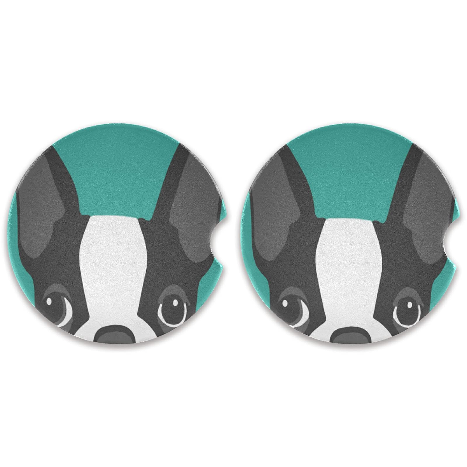 Boston Terrier Dog Car Coasters 2 Pack - Absorbent Ceramic Cup Holder Coasters for Drinks, Cute Car Accessories for Men & Women (2.56in) - Perfect for Road Trips, Commuting & Preventing Cup Stains