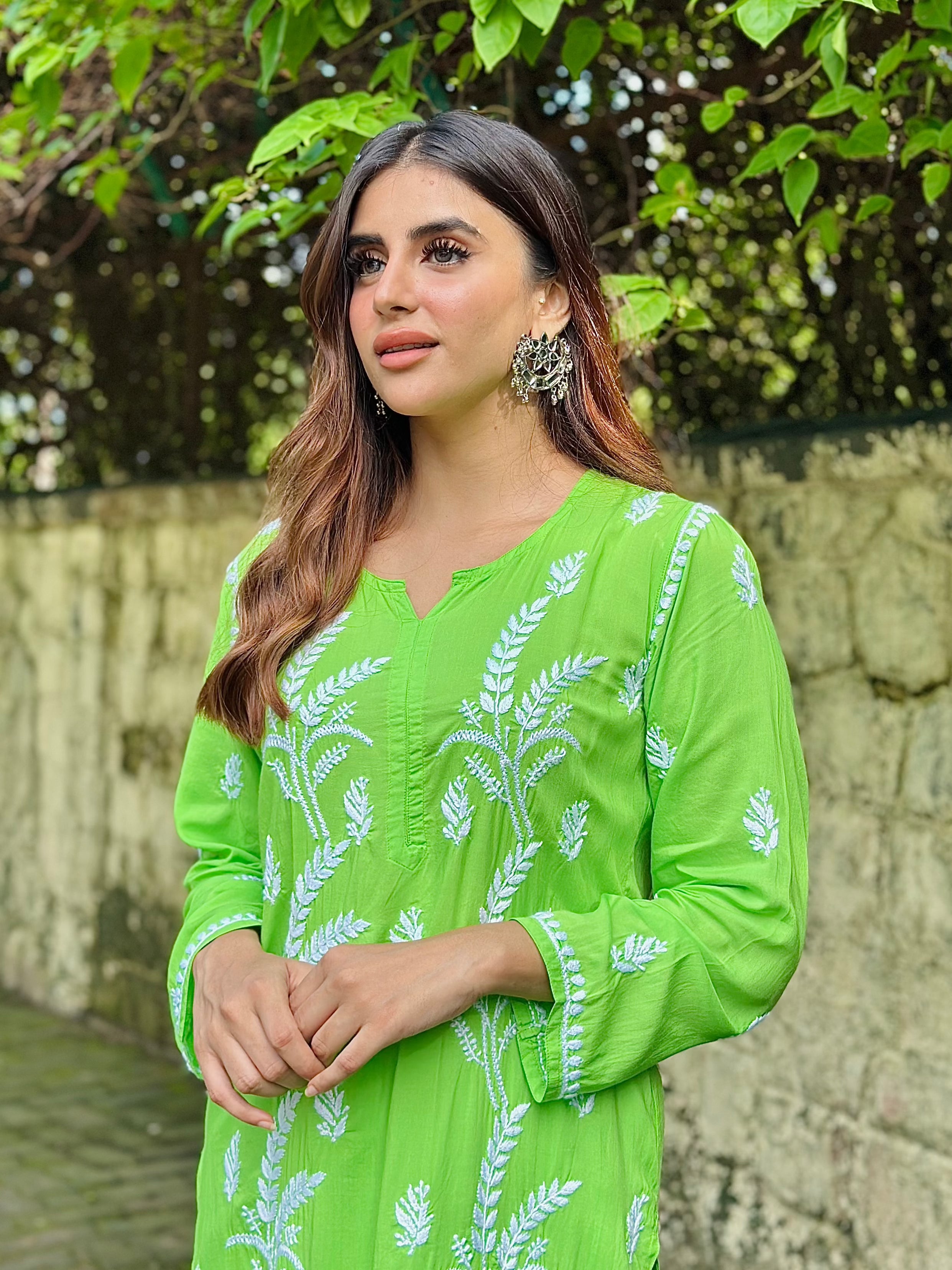Stylish Miesha Chikankari Short Modal Kurta Set in Green - Perfect for Casual Wear, Festivals & Ethnic Outfits