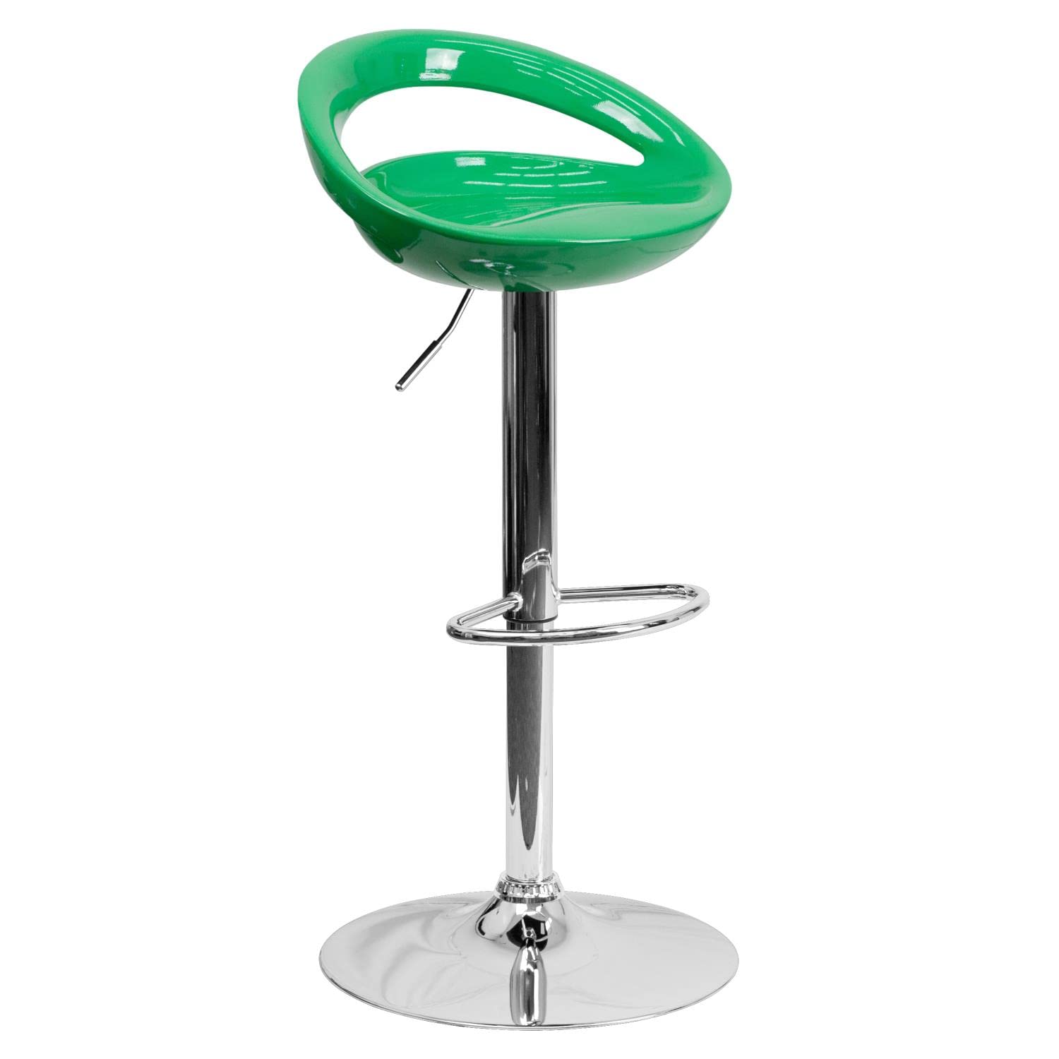 Flash Furniture Adjustable Height Barstool – Modern Green Plastic Seat with Rounded Cutout Back & Chrome Base – Perfect for Kitchen Islands, Home Bars & Commercial Use