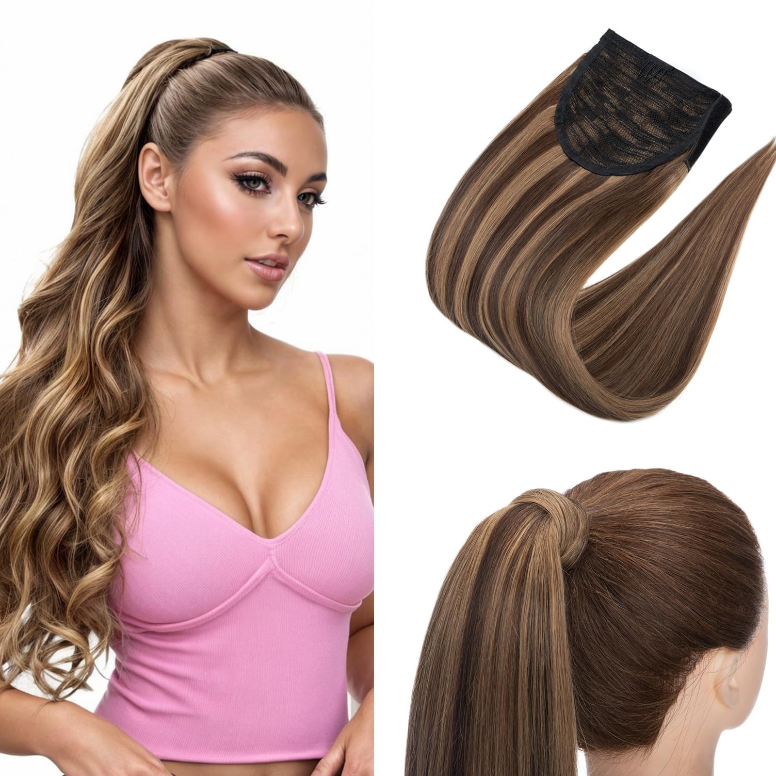 Premium Human Hair Ponytail Extension #4P27 - Medium Brown with Dark Blonde Highlights - 22 Inch Straight Clip-In Wrap Around Ponytail (90g) for Women - Perfect for Parties, Weddings & Everyday Styling