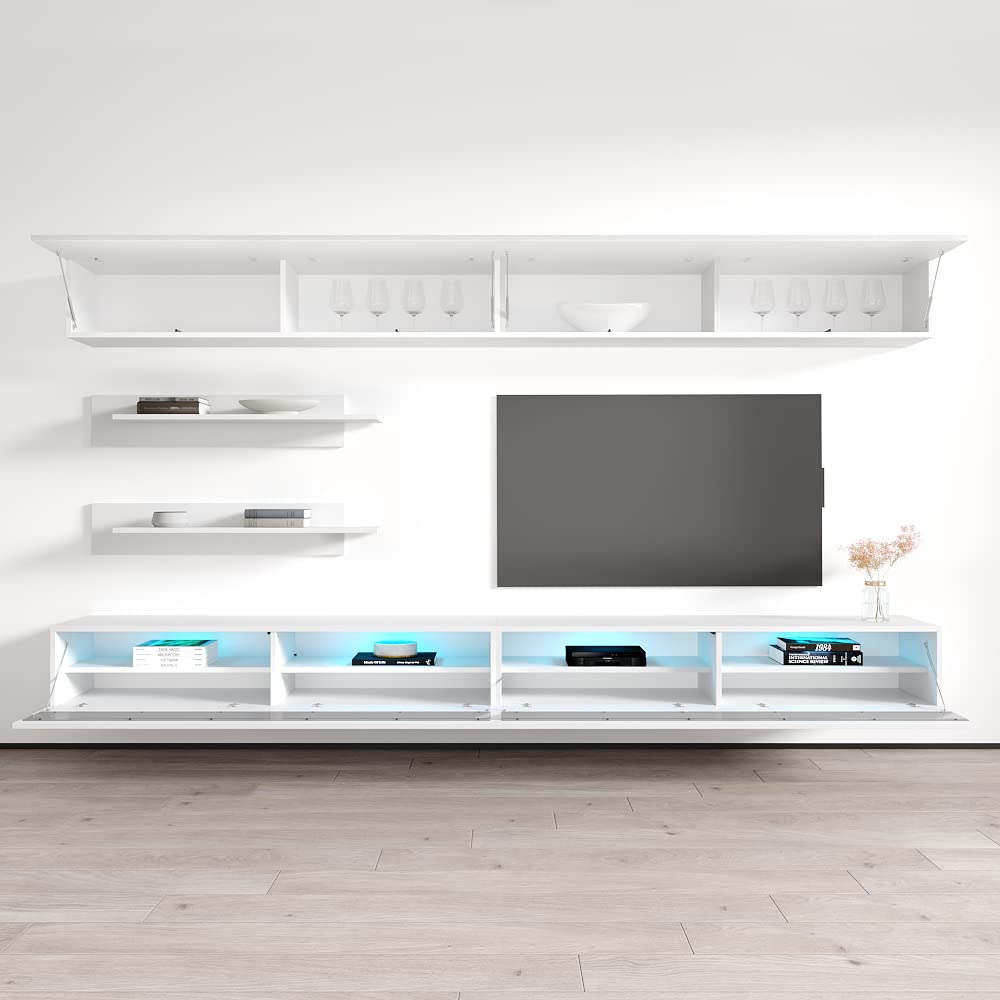 Modern Floating TV Stand with Storage & LED Lights - Wall-Mounted Entertainment Center Console for Bedroom & Living Room - 35 Inch TV Shelf Unit with Adjustable Shelves - Perfect for Small Spaces & Home Theater Setup (White)