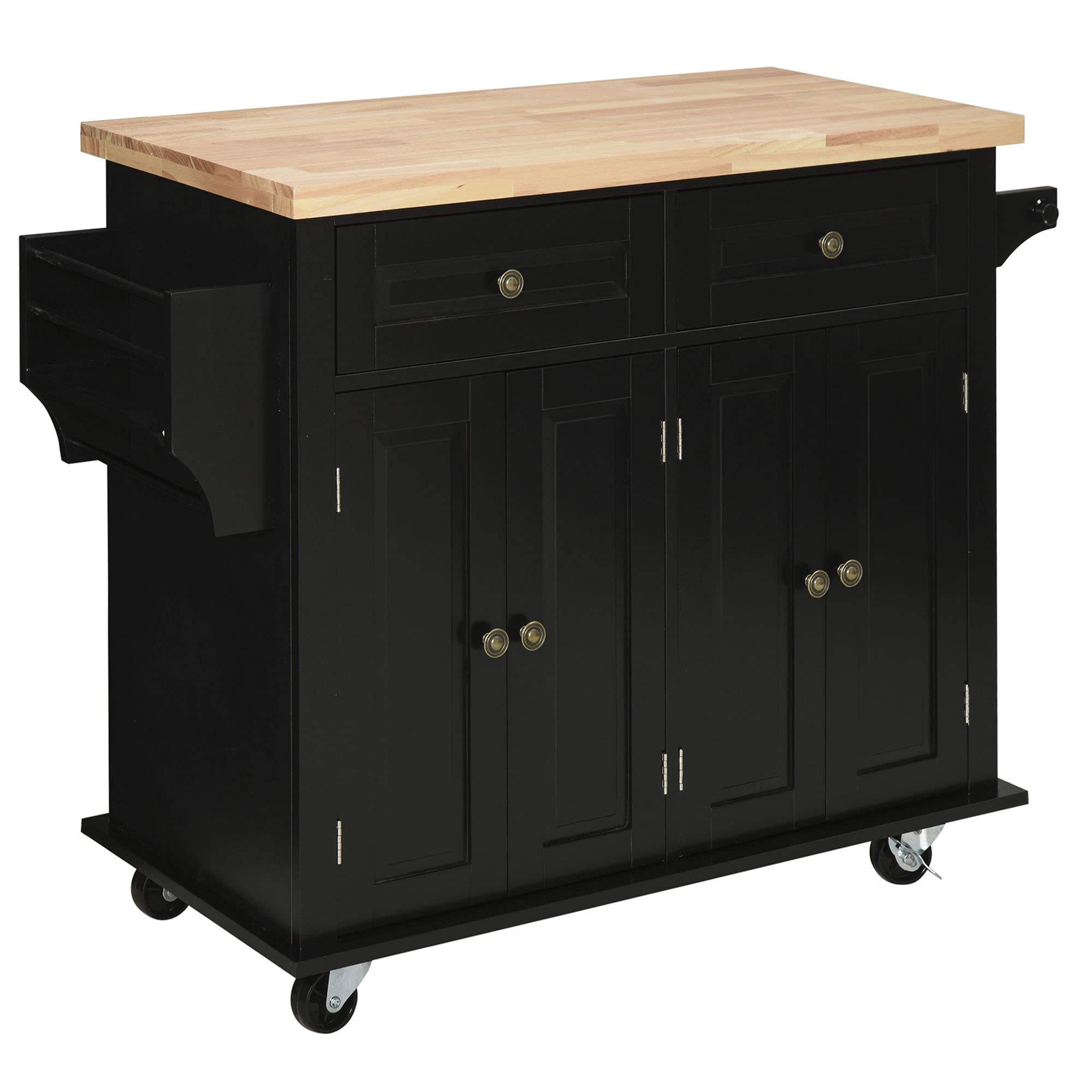 HOMCOM Black Kitchen Island Cart with 2 Drawers & 2 Cabinets, Wooden Top, Spice Rack & Tea Towel Holder - Perfect for Small Kitchens, Dining Rooms & Home Organization Storage