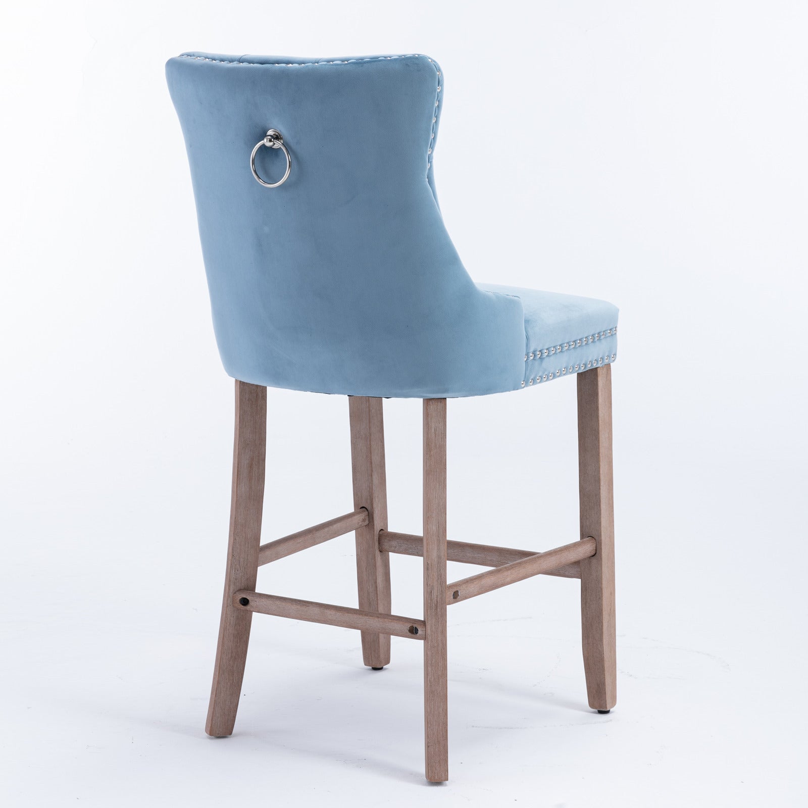 Modern Velvet Bar Stools with Button Tufted Back & Wooden Legs - Set of 2 Light Blue Bar Chairs with Chrome Nailhead Trim for Kitchen Island, Breakfast Bar & Home Decor (SW2002LB)