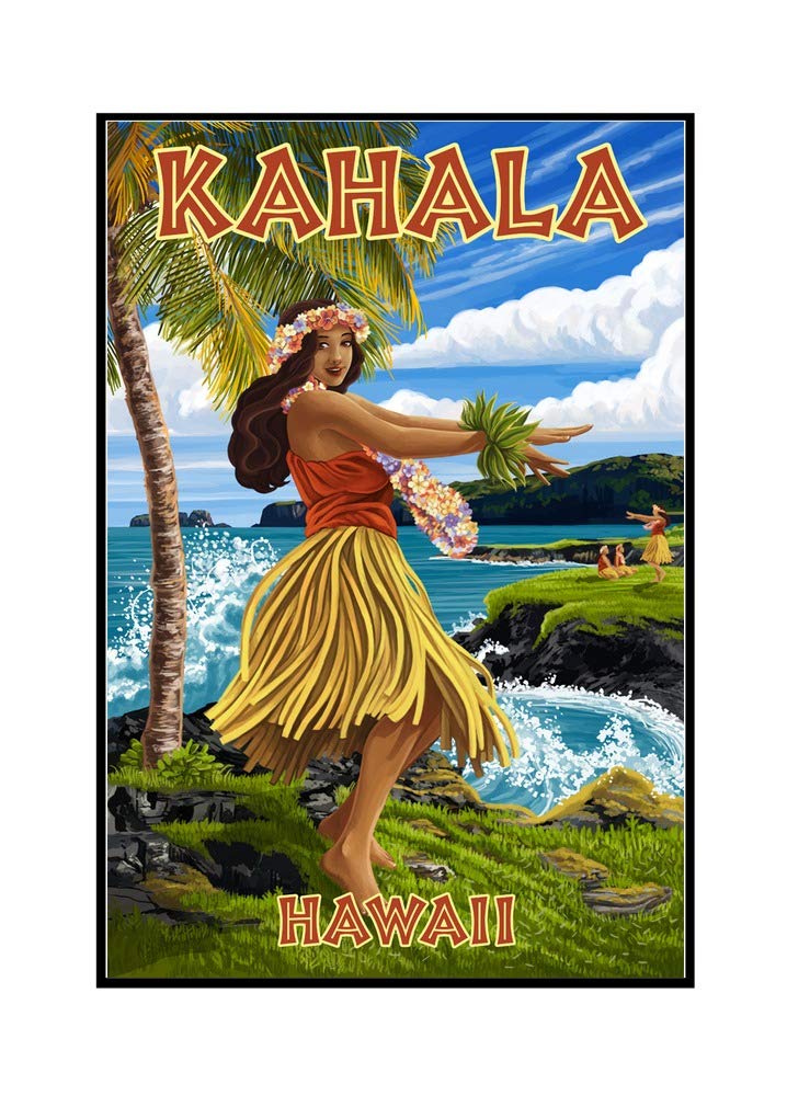 Hawaii Kahala Coast Hula Girl Art Print - 24x36 Framed Gallery Wrapped Canvas Wall Decor for Beach House, Living Room & Tropical Themed Spaces