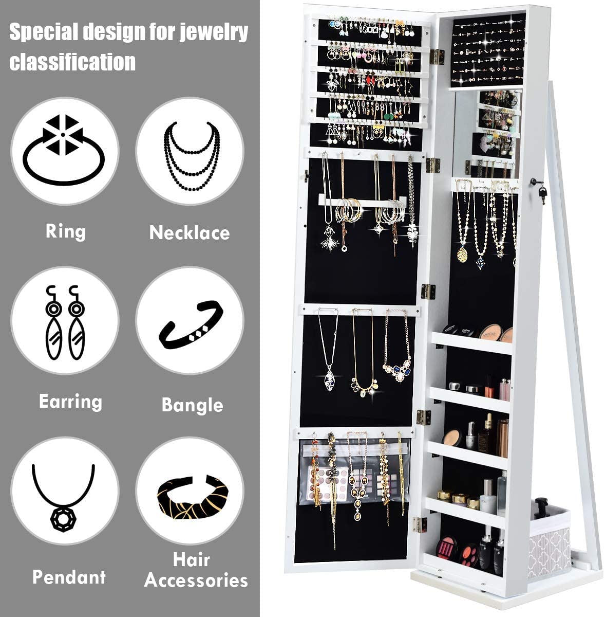 FANTASK Full Length Mirror Jewelry Cabinet with Lock - Free Standing Jewelry Armoire Organizer with Makeup Mirror, Large Storage & Stable Base - White Vanity Dresser for Bedroom, Closet & Bathroom Organization