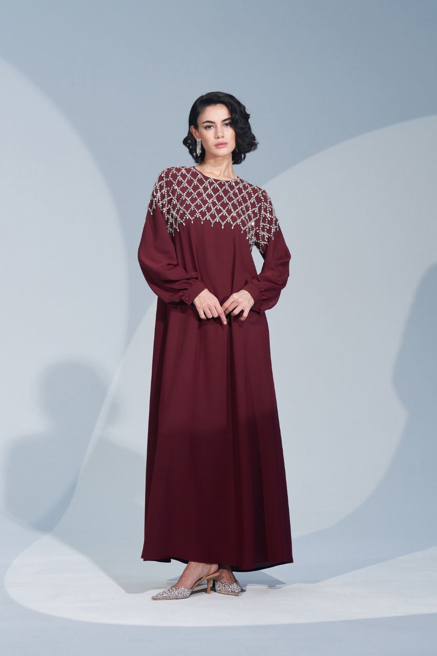 Elegant Rhinestone Embellished Abaya Dress for Women - Available in 3 Colors (Black, Navy, Burgundy) | Perfect for Eid, Weddings & Special Occasions