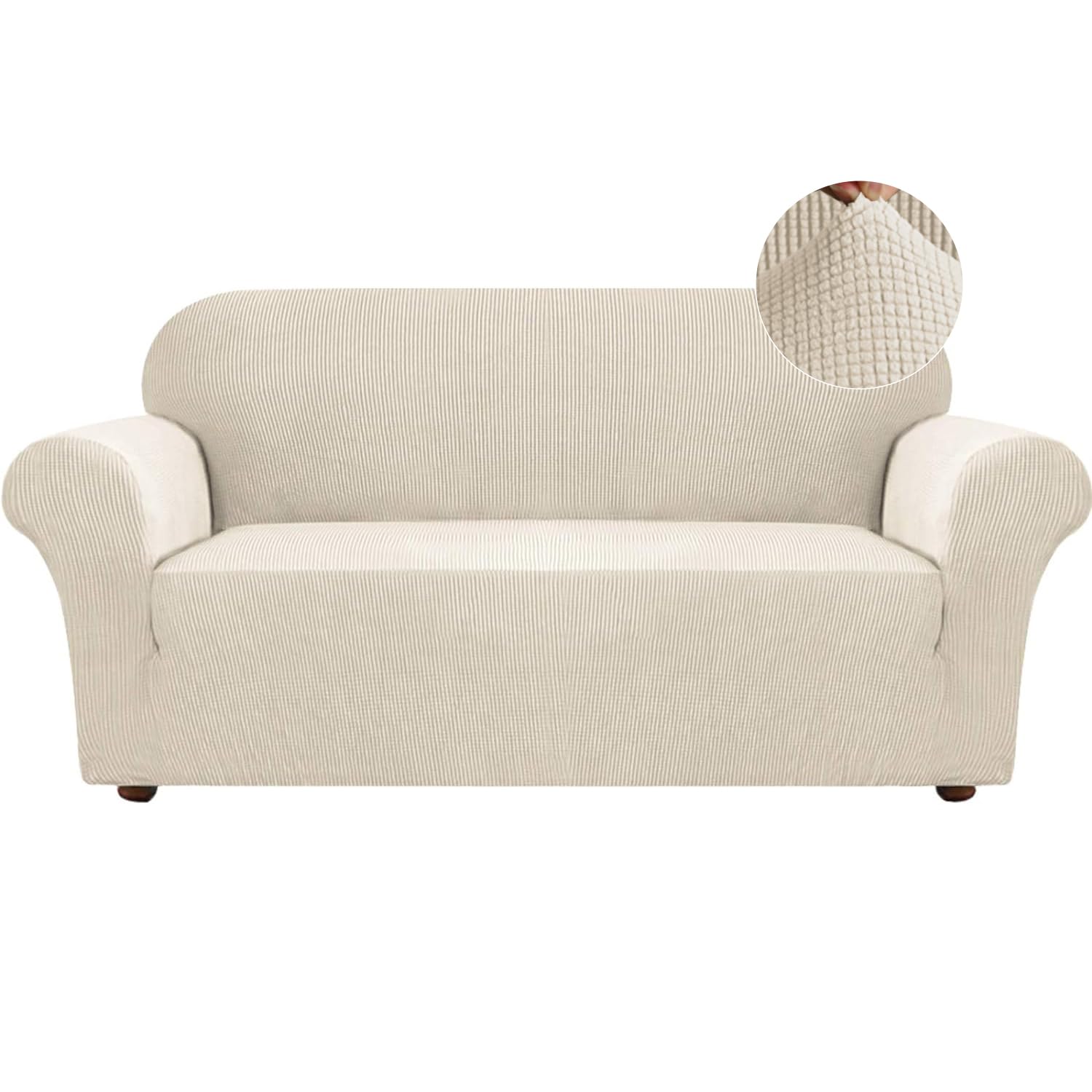 Turquoise Jacquard Stretch Sofa Slipcover - 1 Piece Elastic Furniture Protector for 3-Cushion Couch, Living Room Decor in Biscotti Beige | Perfect for Pet Owners, Family Gatherings & Home Staging