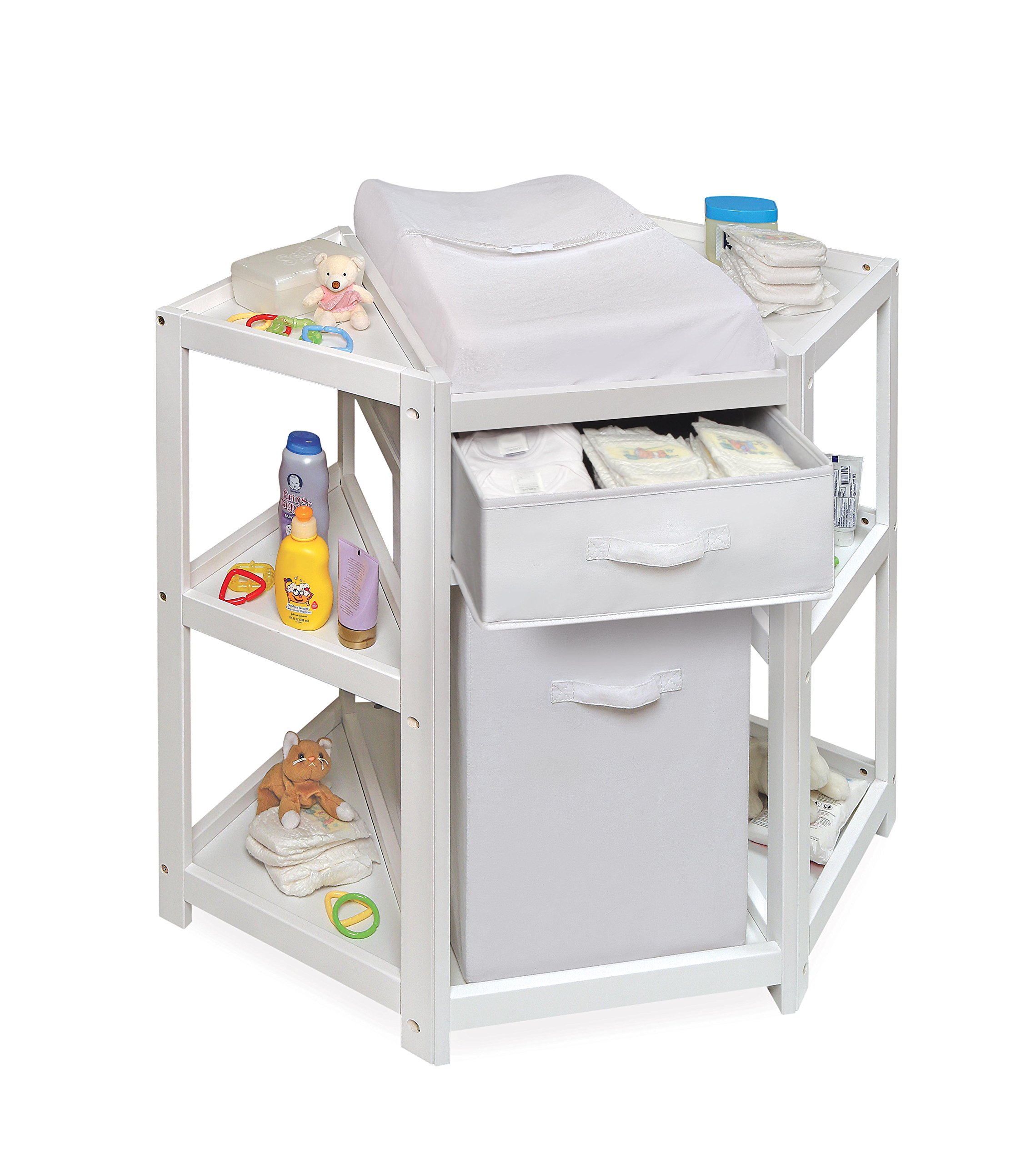 Badger Basket Diaper Corner Baby Changing Table - White Space-Saving Nursery Changing Station with Hamper, Storage Basket & Changing Pad - Perfect for Small Nurseries & Baby Rooms