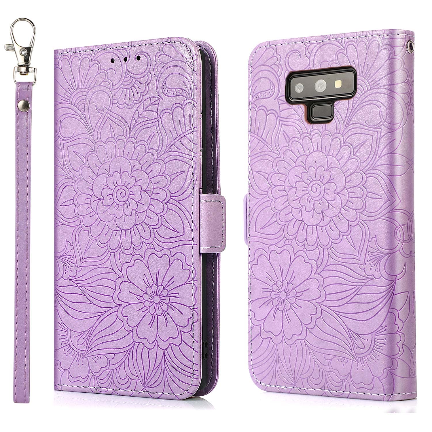 iPhone 11 Wallet Case with Card Slots & Lanyard - Floral Embossed Leather Flip Cover (Light Purple) - Perfect for Travel, Shopping & Everyday Use
