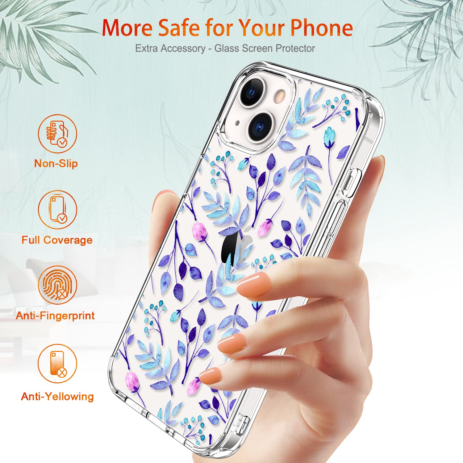 GiiKa iPhone 13 Mini Case with Screen Protector - 5.4 Inch Clear Full Body Shockproof Protective Case for Women, Floral Design Hard Case with TPU Bumper Cover - Perfect for Everyday Use, Travel & Outdoor Activities (Blue Floral)