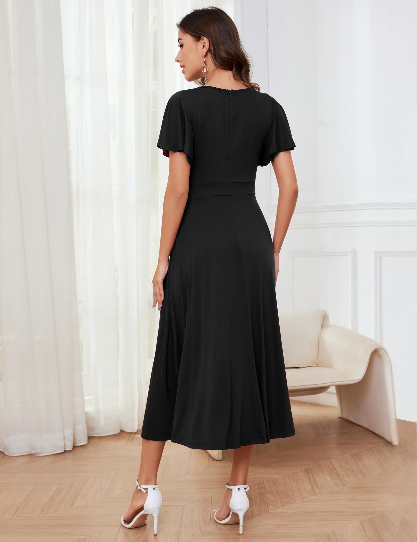 MidnightSun Women's Wrap V-Neck Cocktail Party Midi Dress with Ruffle Short Sleeves - Elegant Formal Wedding Guest Dress for Evening Events, Bridal Showers & Special Occasions
