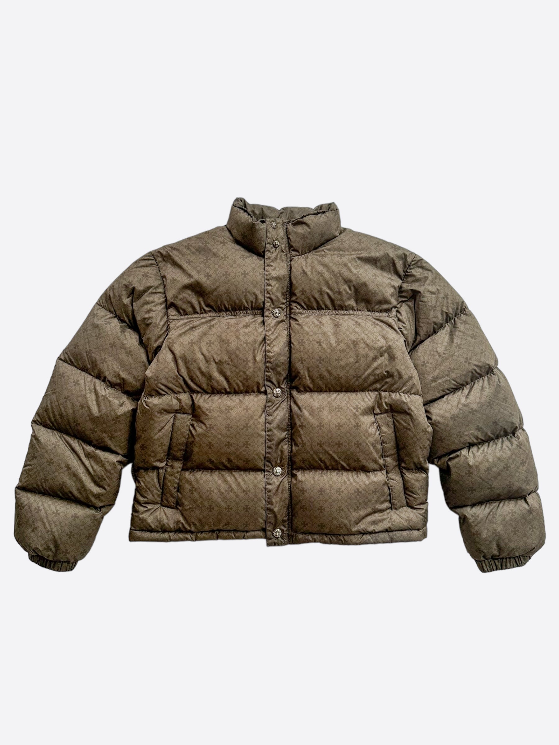 Chrome Hearts Olive Cross Jacquard Puffer Jacket for Men - Luxury Streetwear Winter Coat with Embroidered Cross Design | Perfect for Urban Fashion & Cold Weather Protection