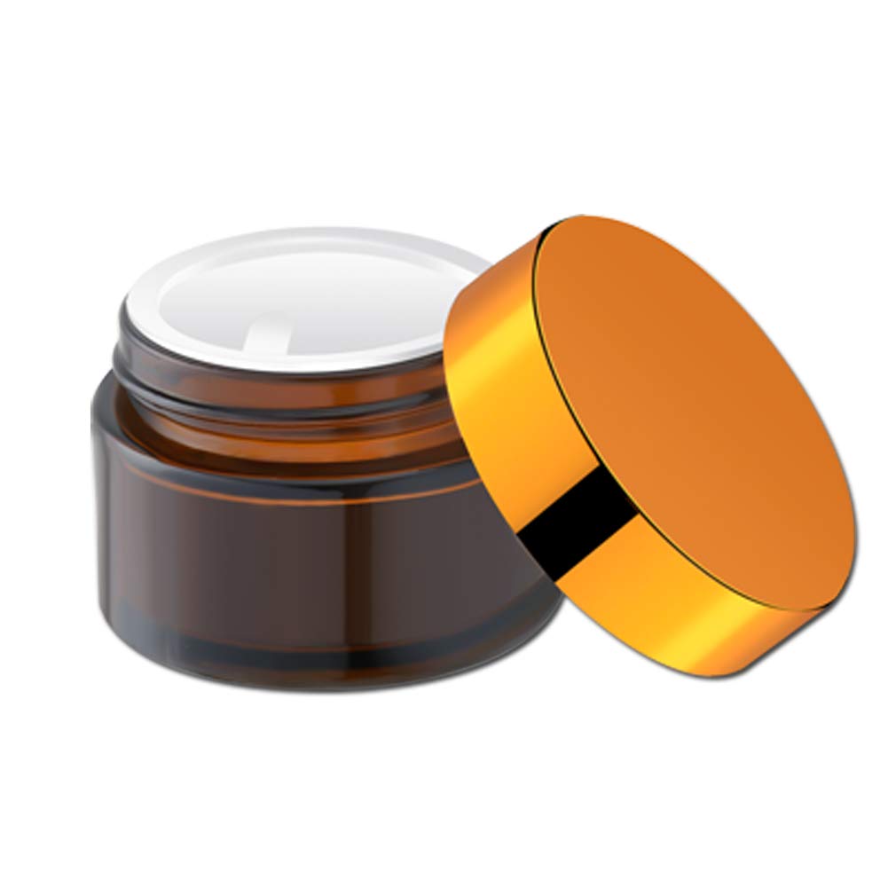 IRON BILL 1 Oz Amber Round Glass Jars with Inner Liners & Gold Lids (12 Pack) - Empty Refillable Cosmetic Containers for Creams, Lotions, Ointments, Body Scrubs & Balms - Perfect for DIY Skincare, Essential Oils & Travel Size Products