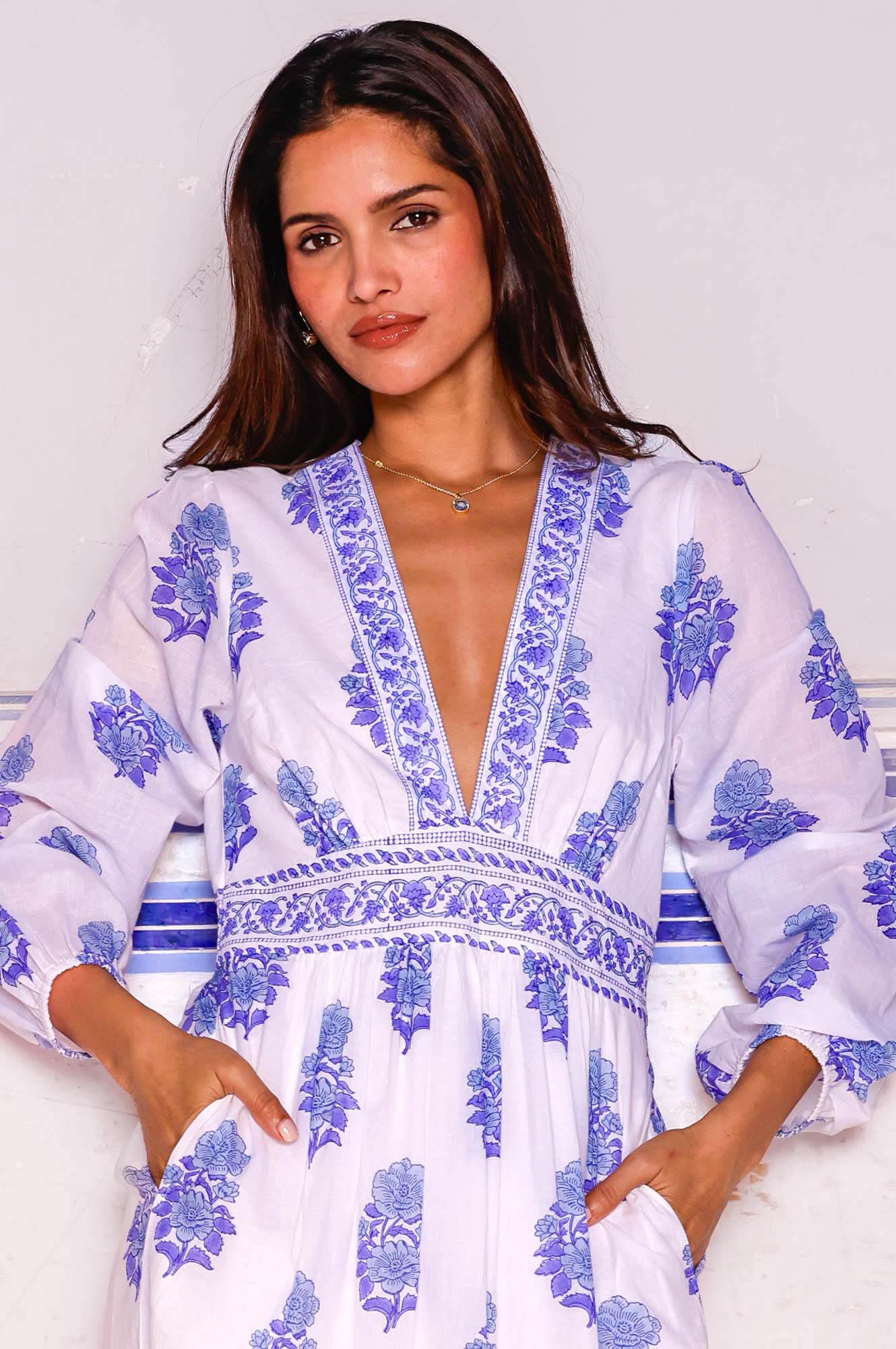 Pippa Long Sleeve Block Print Floral Dress in Pansy Buta Blue | Boho Chic Women's Dress for Casual Wear, Date Night & Summer Outfits