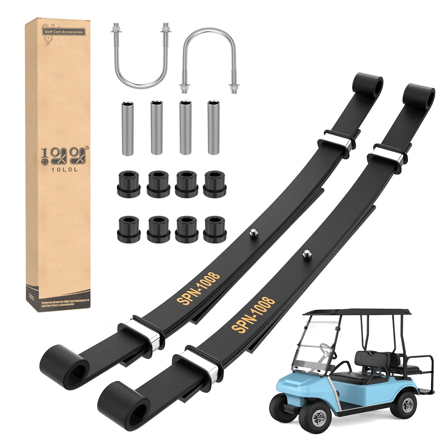 Heavy Duty 3-Leaf Rear Spring Set for Club Car DS Golf Cart (1981-UP Gas & Electric Models) - Includes Bushings, Sleeves & U-Bolt Kit | Perfect for Off-Roading & Enhanced Load Capacity