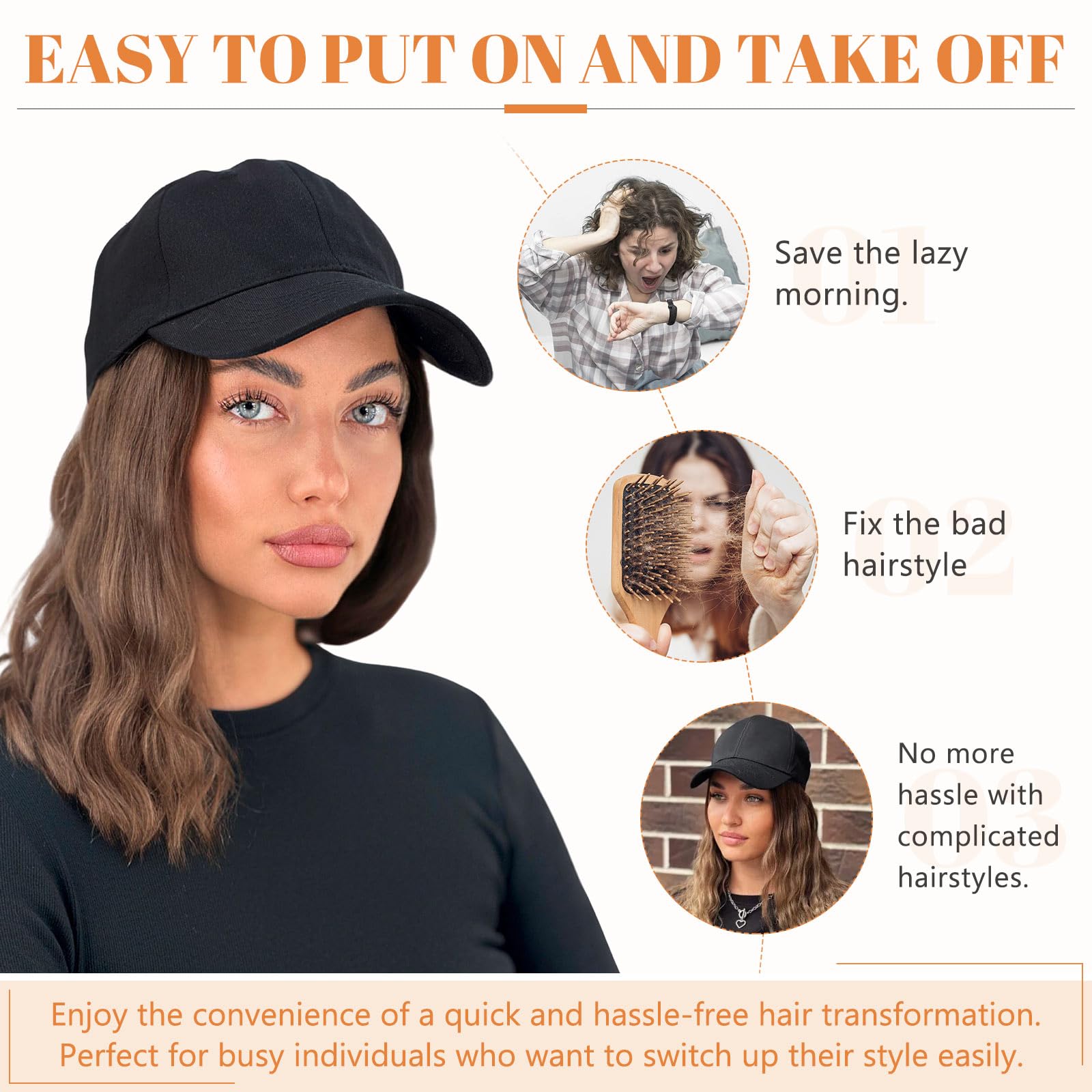 Adjustable Baseball Cap Wig for Women - Synthetic Short Wave Hair Hat (8 Inch, Natural Black) - Perfect for Daily Wear, Cosplay, and Hair Loss Solutions