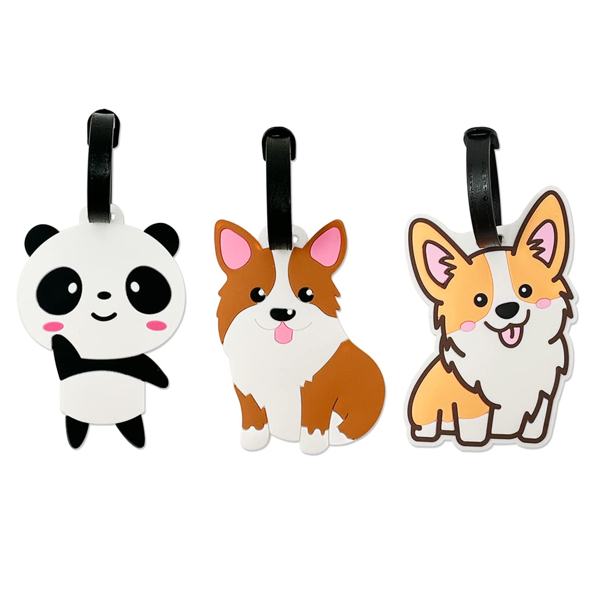 Allydrew Silicone Animal Luggage Tags with ID Card Holder (Set of 3) - Cute Corgi & Panda Designs for Suitcases, Backpacks & Travel Bags - Perfect for Airports, Hotels & Family Trips