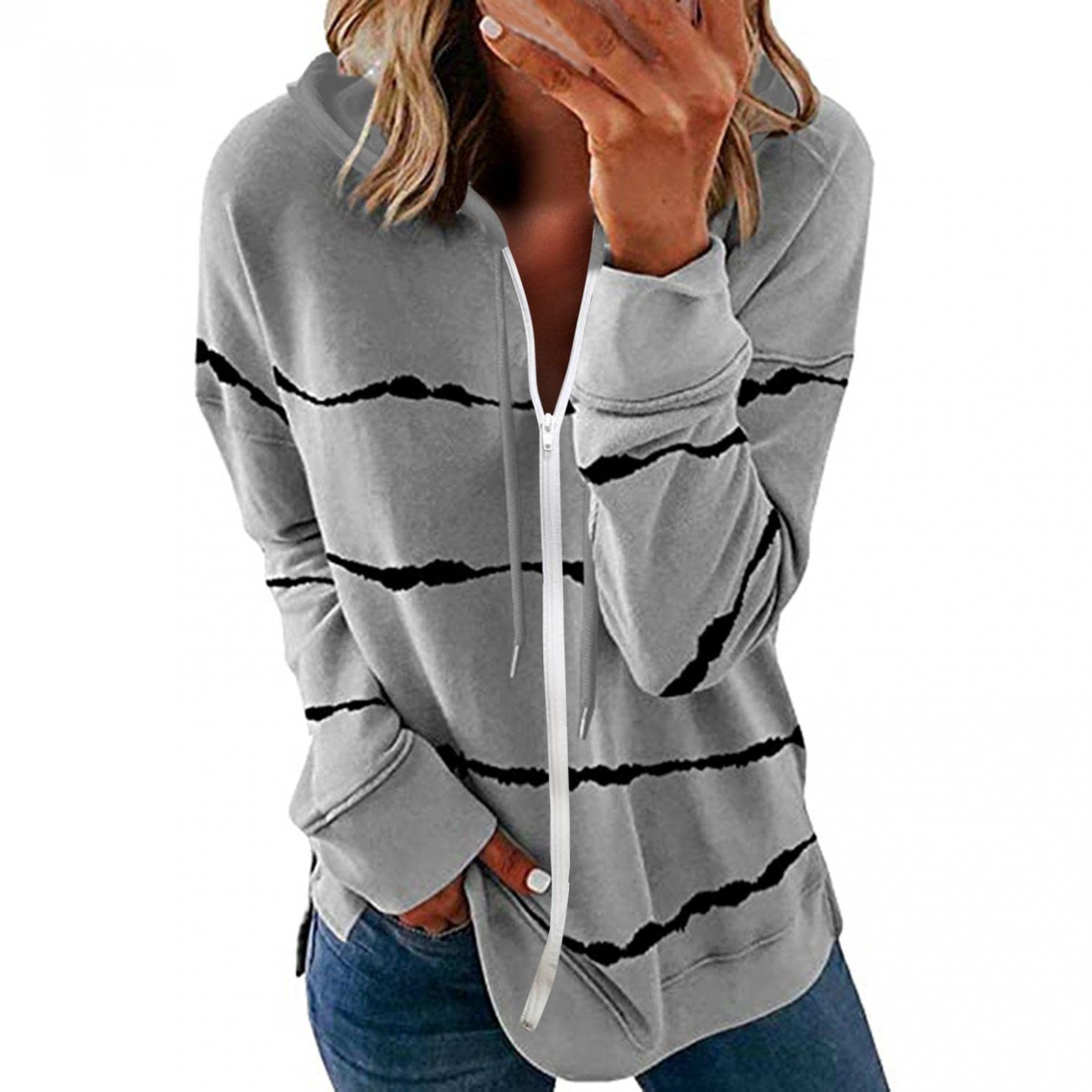 AODONG Women's Casual Striped Printed Zipper Sweatshirt - Loose Long Sleeve Pullover Top with Drawstring | Perfect for Fall Layering, Weekend Outfits & Cozy Winter Wear