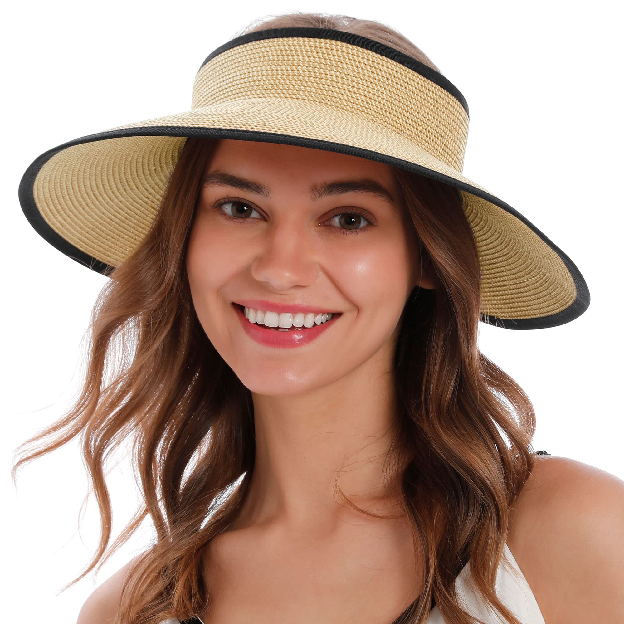 Women's Foldable Wide Brim Straw Sun Hat - UPF 50+ Summer Beach Hat for Women, Packable Travel Sun Visor for Outdoor, Vacation, Pool Party and Gardening