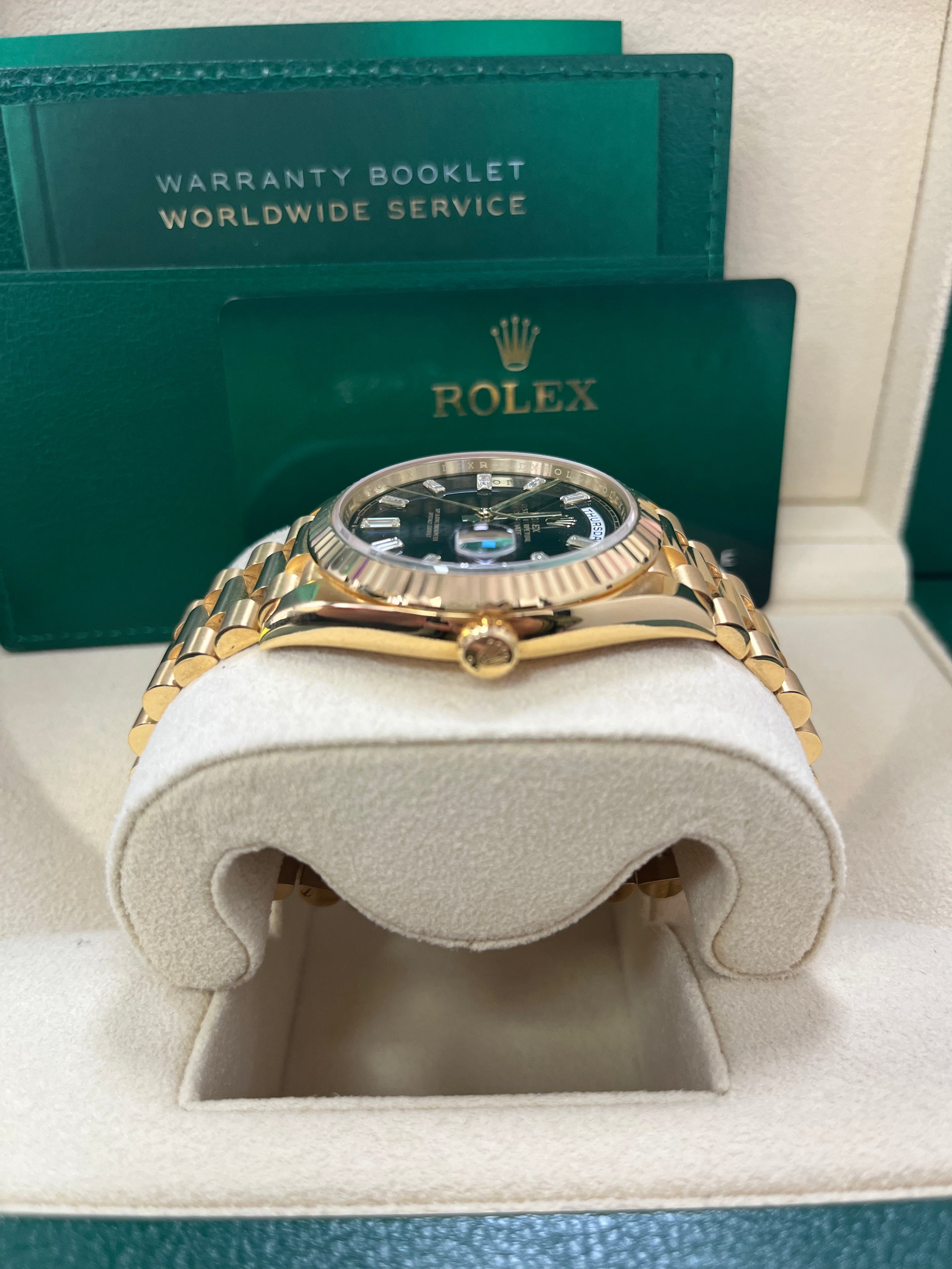 Rolex Day Date 40 18k Yellow Gold Watch with Baguette Diamond Dial & Fluted Bezel (Ref# 228238) - Luxury Timepiece for Business Meetings, Formal Events & Special Occasions