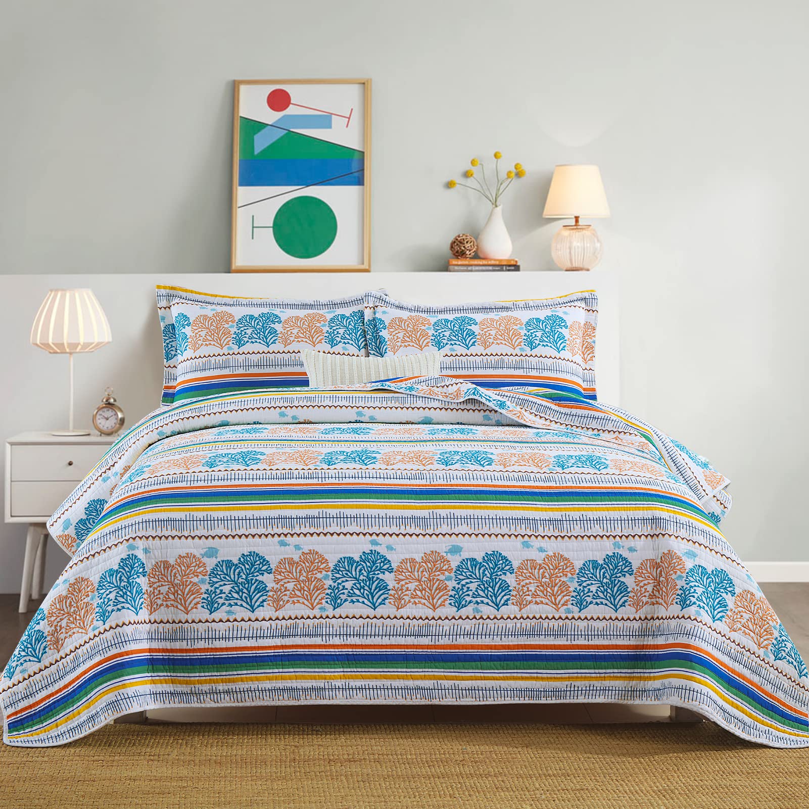 PERHOM Twin Size Quilt Set - 100% Cotton Lightweight Bedspread for Kids & Teens | Ocean Themed Printed Sea Life Bedding Coverlet | Perfect for Coastal Decor, Boys Room, Dorm Throw Blanket & Home Decoration