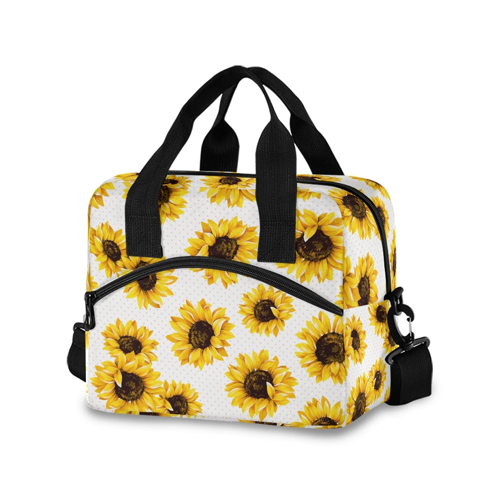 **Insulated Lunch Bag for Women - Large Thermal Cooler Tote with Adjustable Shoulder Strap, Sunflower Polka Dot Design - Perfect for Work, School, Travel & Picnics**