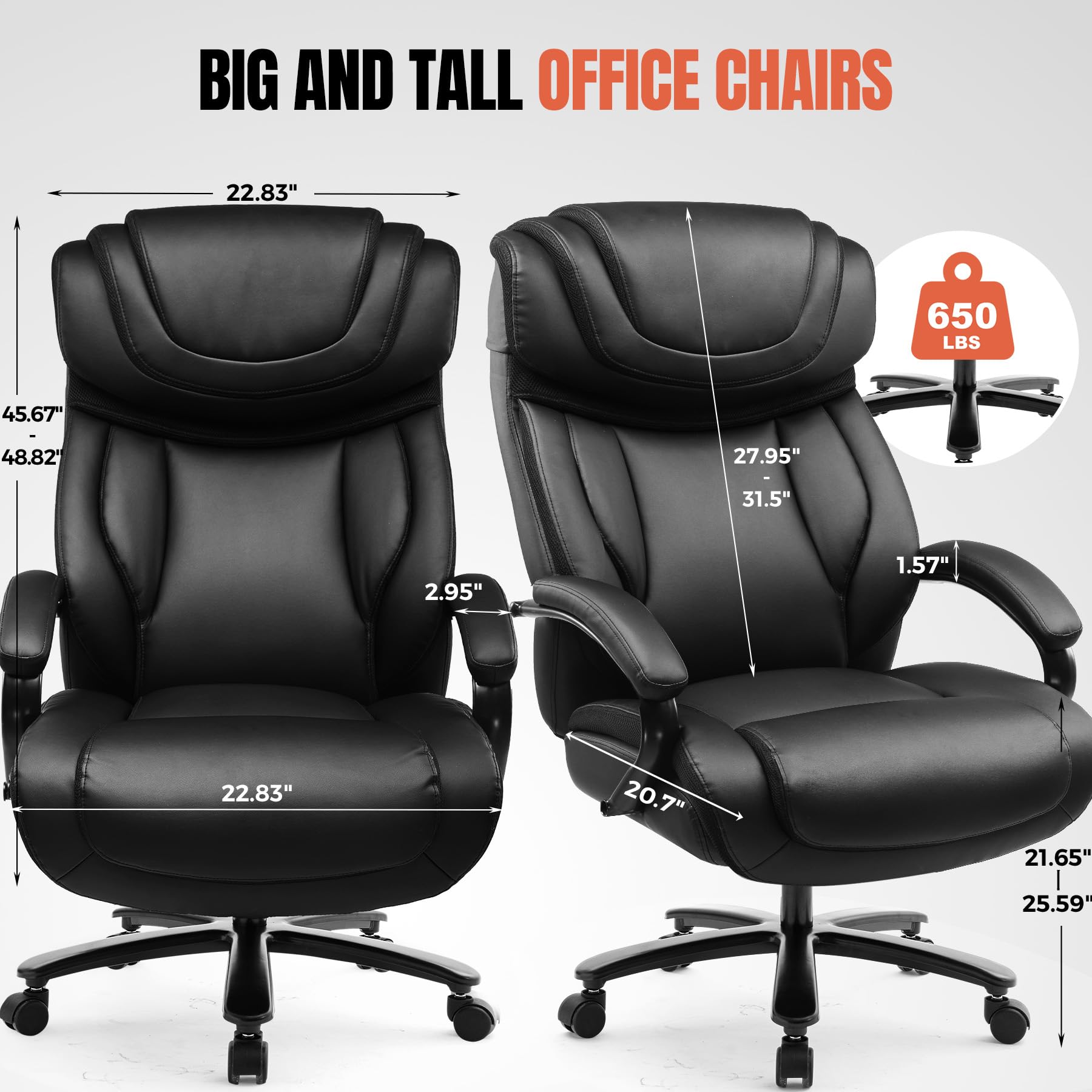 COMHOMA Big and Tall Office Chair 650lbs Capacity - Ergonomic Computer Desk Chair with Adjustable Headrest, 6-Way Rocking & Swivel - High Back Executive Leather Chair with Thickened Armrests - Perfect for Home Office, Gaming, and Long Work Sessions