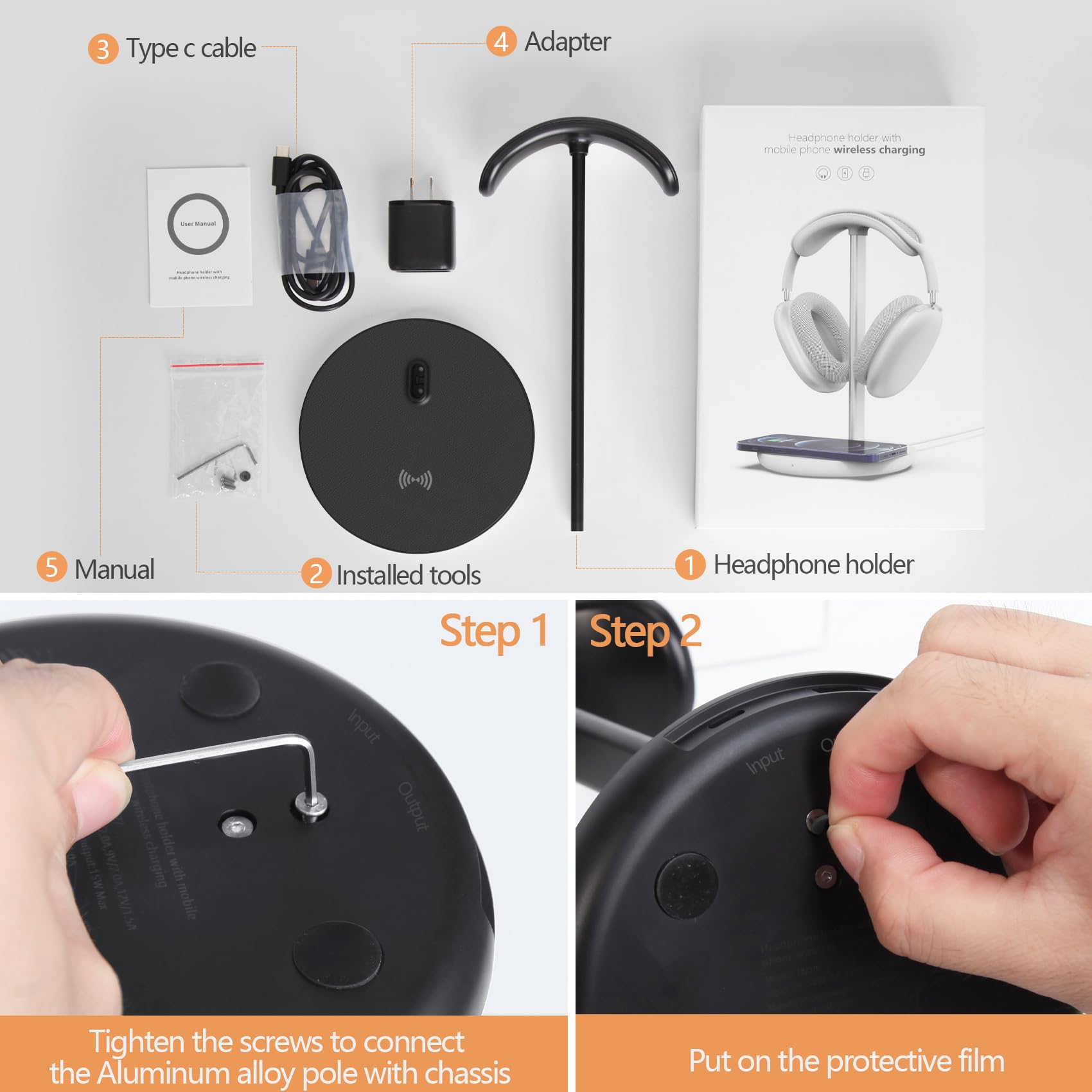 2-in-1 Wireless Charging Headphone Stand - Compatible with iPhone 15/14/13/12/11, Samsung, AirPods Pro/3/2 & All Gaming Headsets | Desktop Organizer with Fast Charging Dock for Office, Gaming Setup & Home Decor (Black)