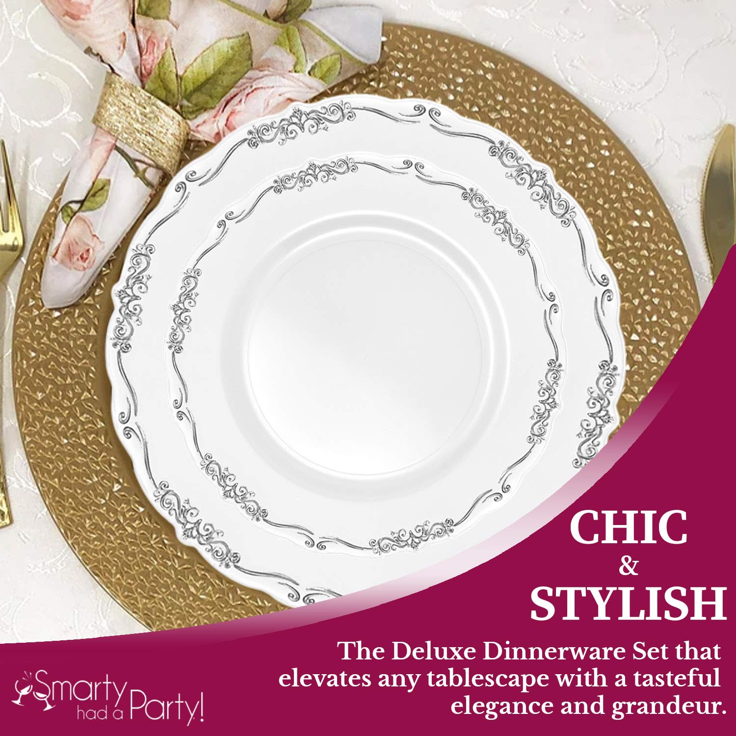 Elegant Disposable Plastic Plates for Parties & Weddings - 60-Piece White with Silver Dinnerware Set - Perfect for Events, Catering & Outdoor Dining