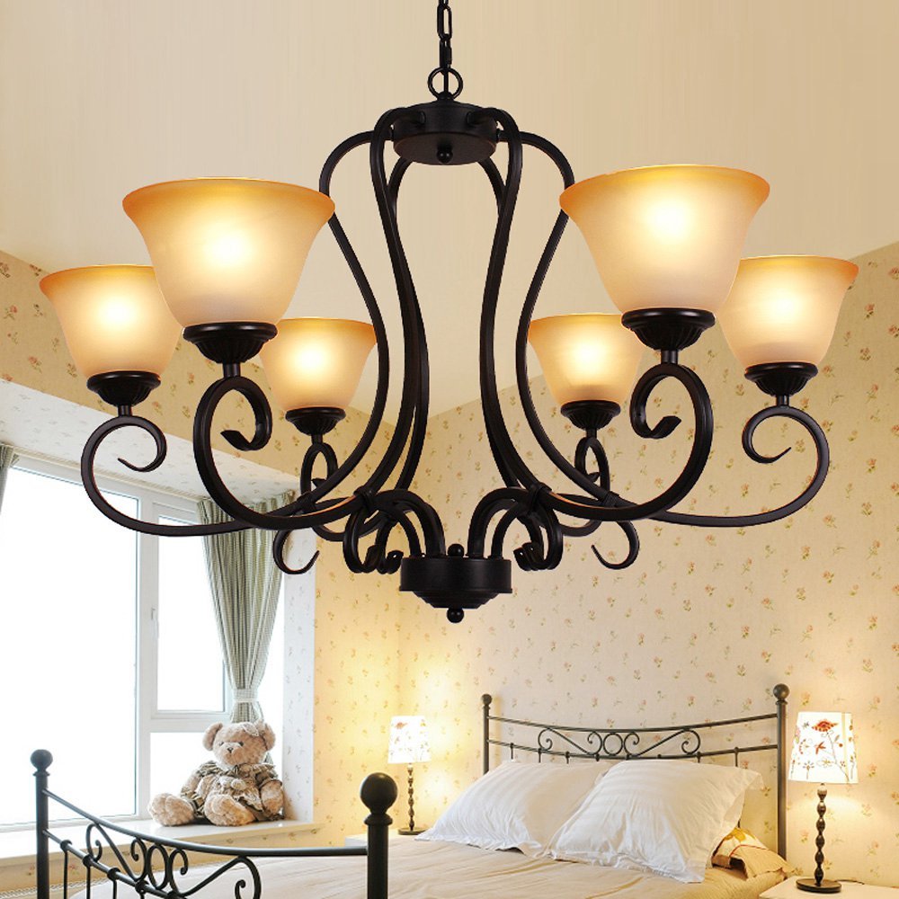 Vintage Black Metal Chandelier - Classic Restaurant & Country Dining Room Ceiling Pendant Light with Yellow Lampshade | Perfect for Living Room, Staircase & Meeting Room Lighting