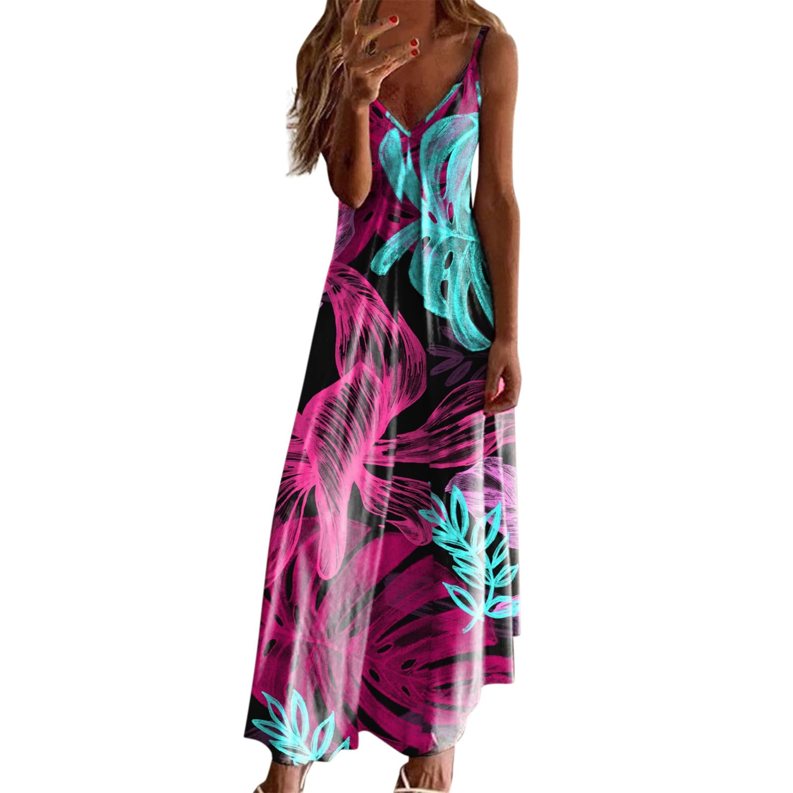 Twoker Women's Summer Sleeveless Floral Print V-Neck Sundress - Elegant Casual Swing Dress for Beach, Party & Vacation Wear