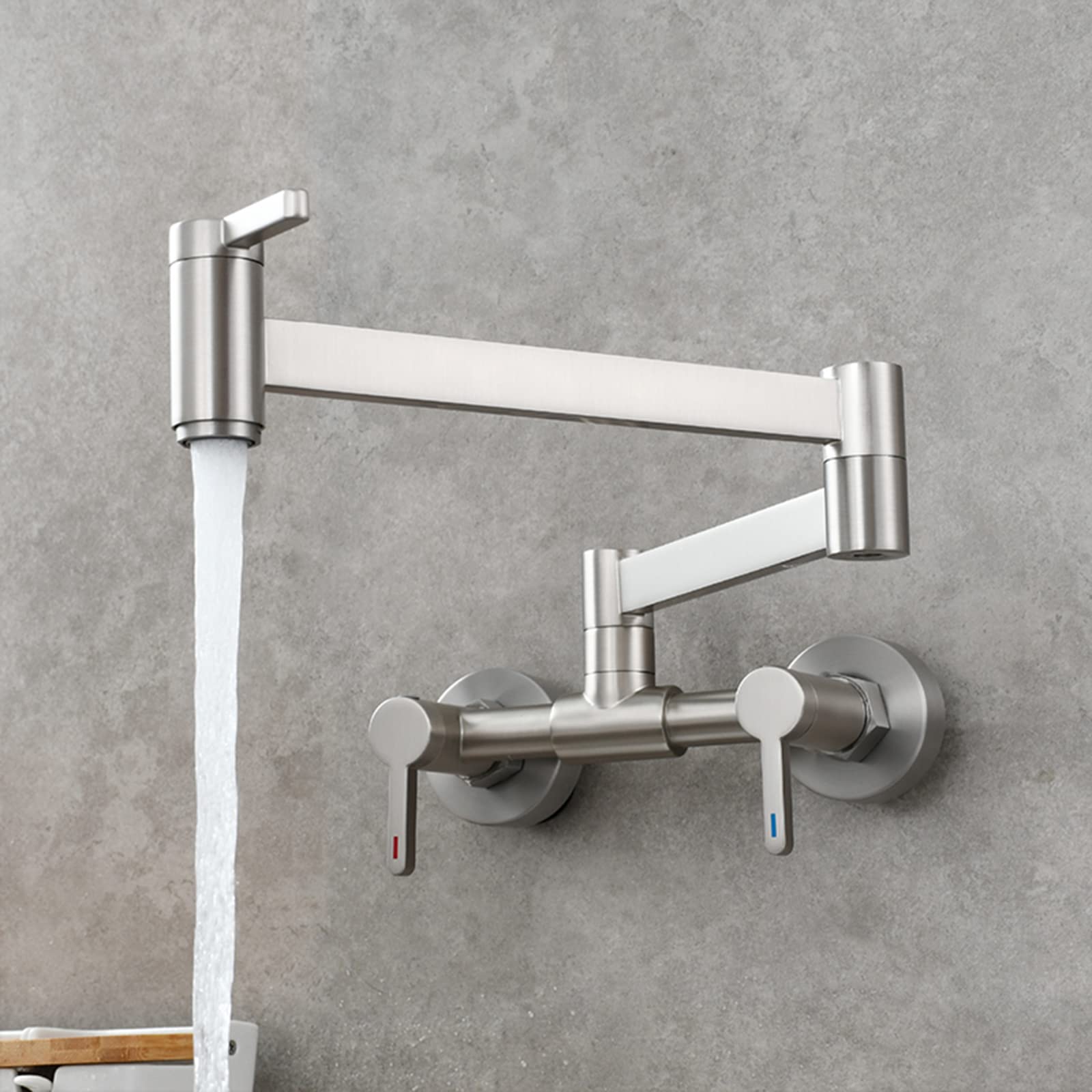 360° Swivel Folding Pot Filler Faucet - Brass Hot & Cold Kitchen Mixer Tap with 3 Handles - 2 Hole Wall Mounted Sink Faucet in Brushed Nickel - Perfect for Cooking, Baking & Filling Large Pots