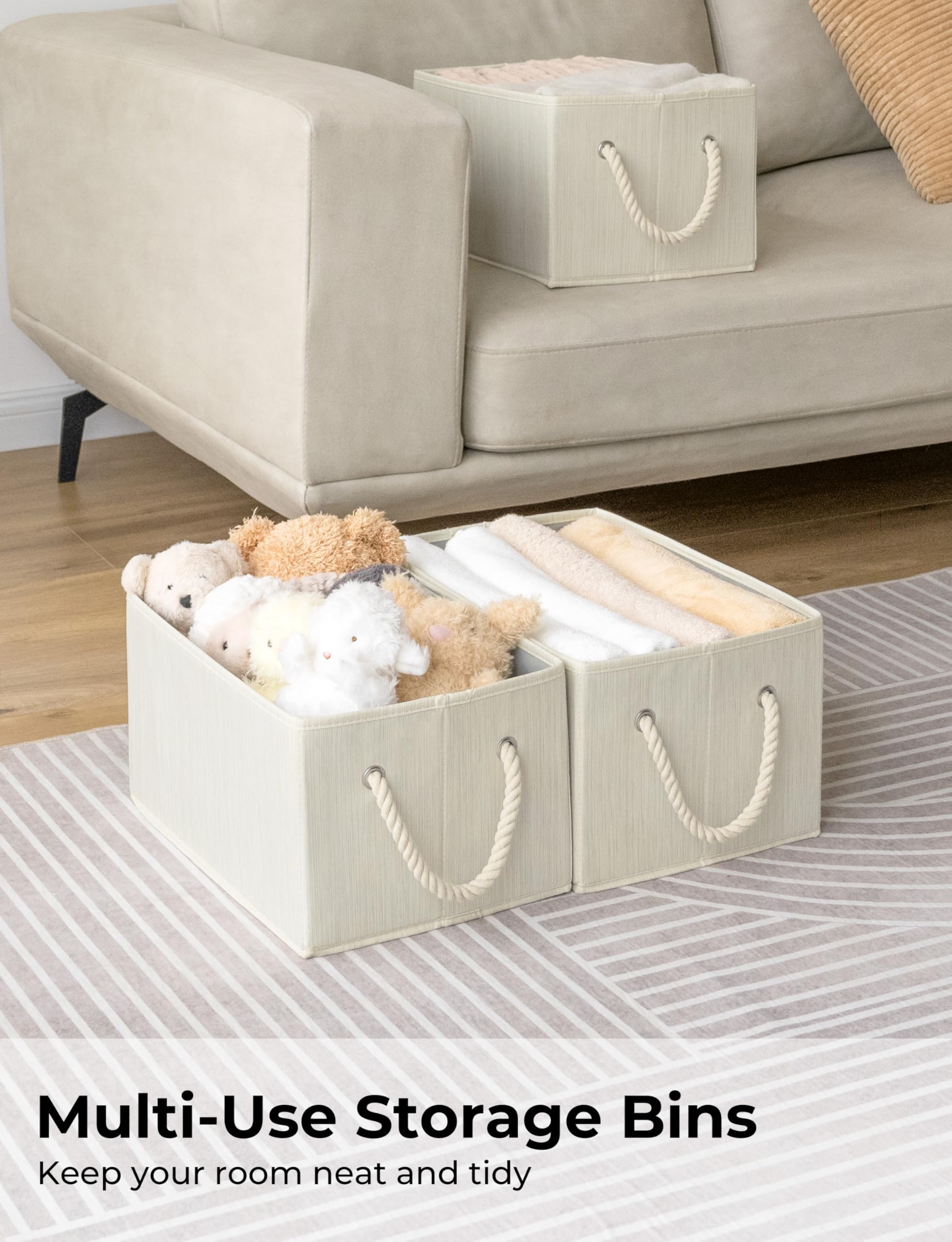 Foldable Fabric Storage Baskets with Handles - 3-Pack Medium Closet Organizer Bins for Shelves (Beige, White & Ivory) | Perfect for Bedroom, Closet & Kids Room Organization