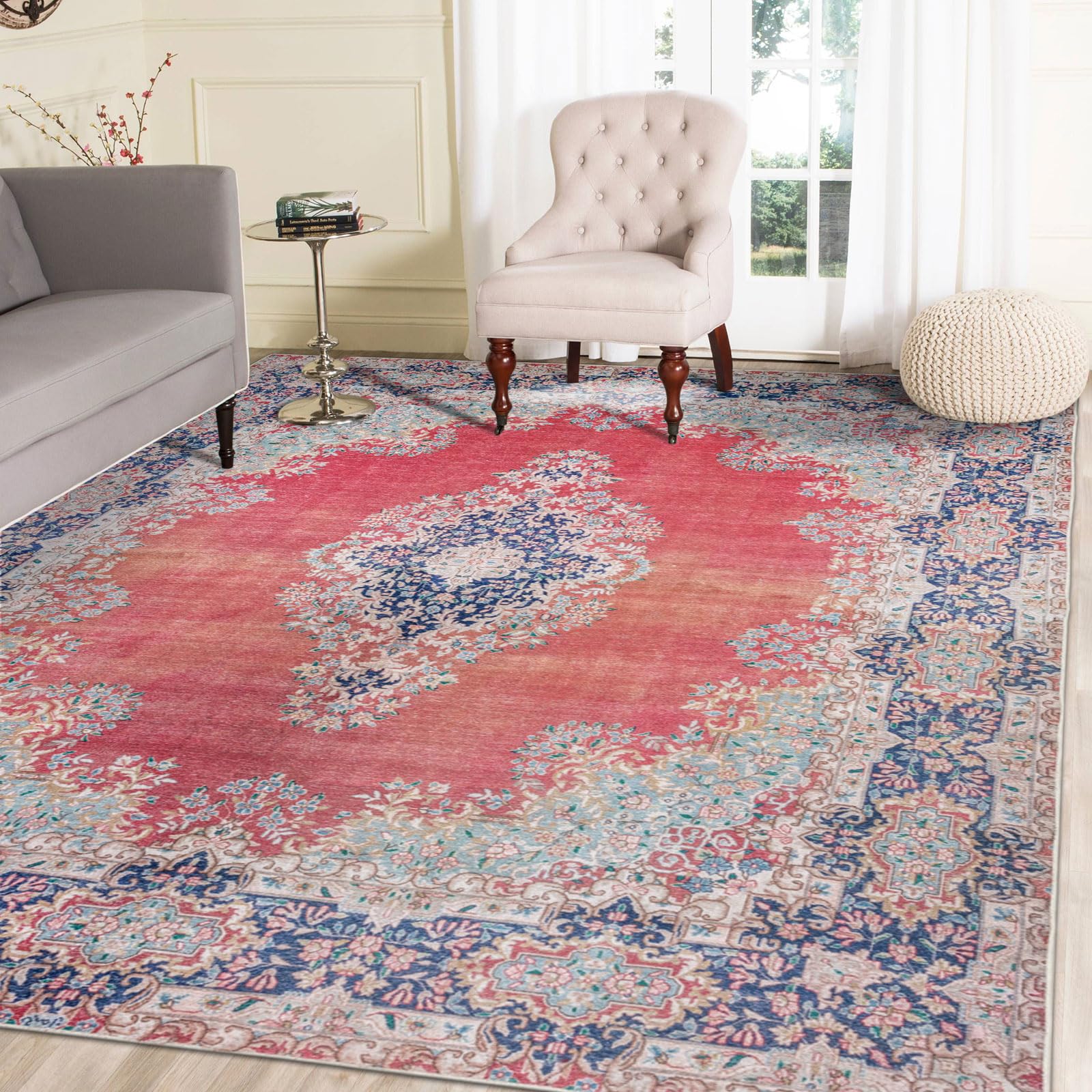 DECOMALL Maila Large Washable Rug 9x12 - Non Slip Rubber Backing Bohemian Red Carpet for Bedroom & Living Room | Machine Washable Foldable Thin Indoor Rug - Perfect for Home Decor, Dorm Rooms & Office Spaces
