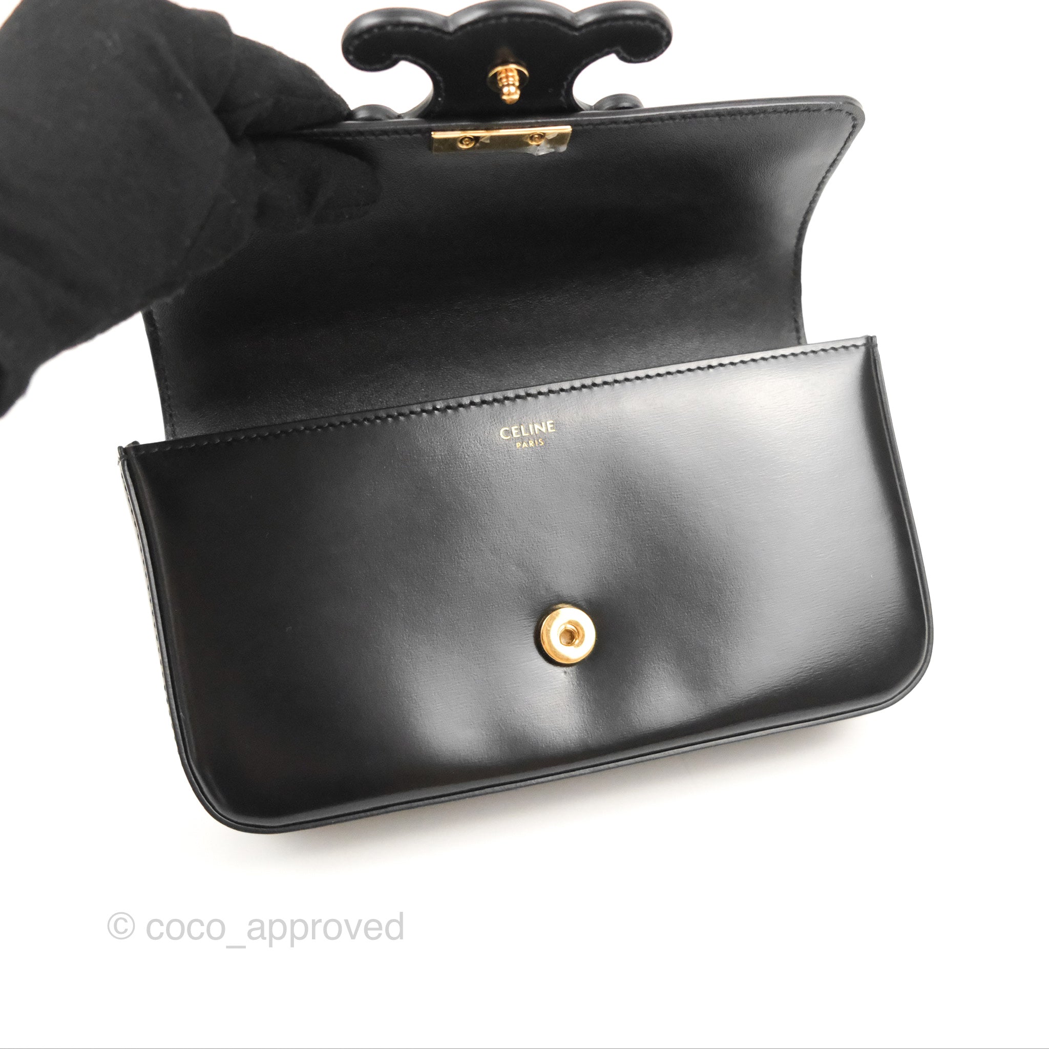 Celine Triomphe Chain Shoulder Bag in Black Shiny Calfskin Leather - Luxury Crossbody Purse for Women, Perfect for Evening Parties & Date Nights