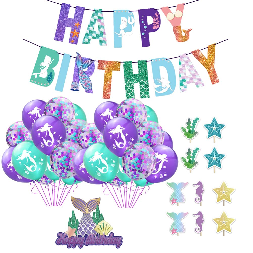 Amosfun Mermaid Birthday Party Decorations - Happy Birthday Banner, Latex Balloons, Confetti Balloons & Cake Topper for Baby Shower, Mermaid Theme Party Supplies | Perfect for Girls' Birthday, Baby Shower & Themed Celebrations