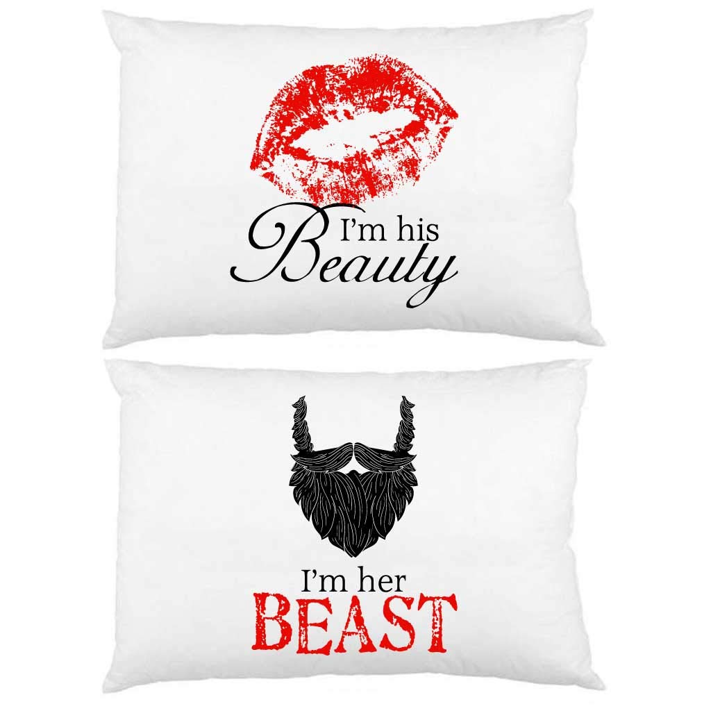 VictoryStore His and Hers Pillowcase Set - 2 Pack Romantic Couple Pillow Covers (I'm His Beauty & I'm Her Beast) for Valentine's Day Gifts, Anniversary, Bedroom Decor