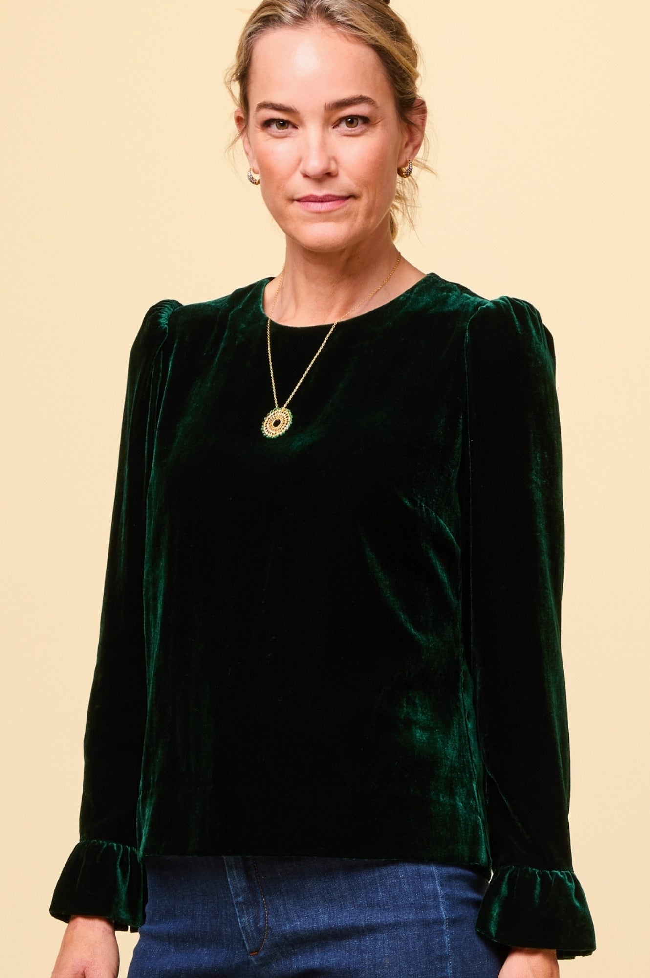 Victoria Velvet Women's Blouse - Elegant Emerald Green Long Sleeve Top for Party, Dinner & Office Wear | Soft Stretch Fabric & Comfort Fit
