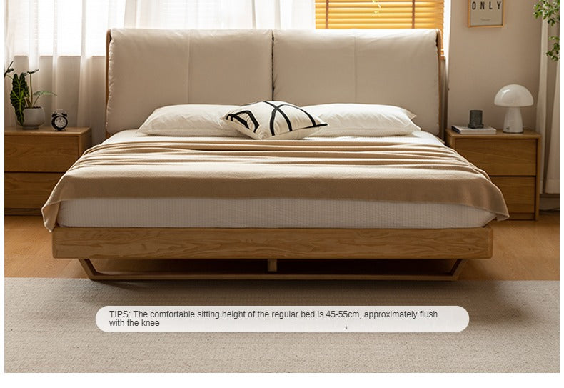 Italian Light Luxury Solid Wood Bed in Oak & Ash with Genuine Leather Upholstery - Perfect for Master Bedrooms, Guest Rooms & Modern Home Decor