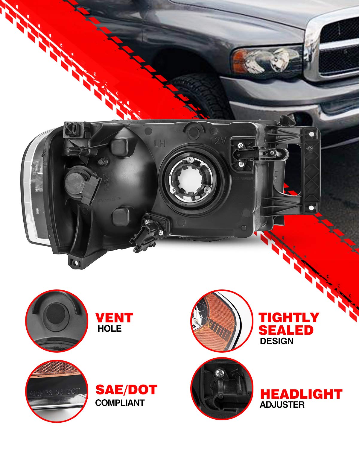 Torchbeam Headlight Assembly Replacement for Ram 1500 2500 3500 - Black Housing with Amber Reflector (Passenger & Driver Side) | Durable LED Headlights for Night Driving & Off-Road Adventures