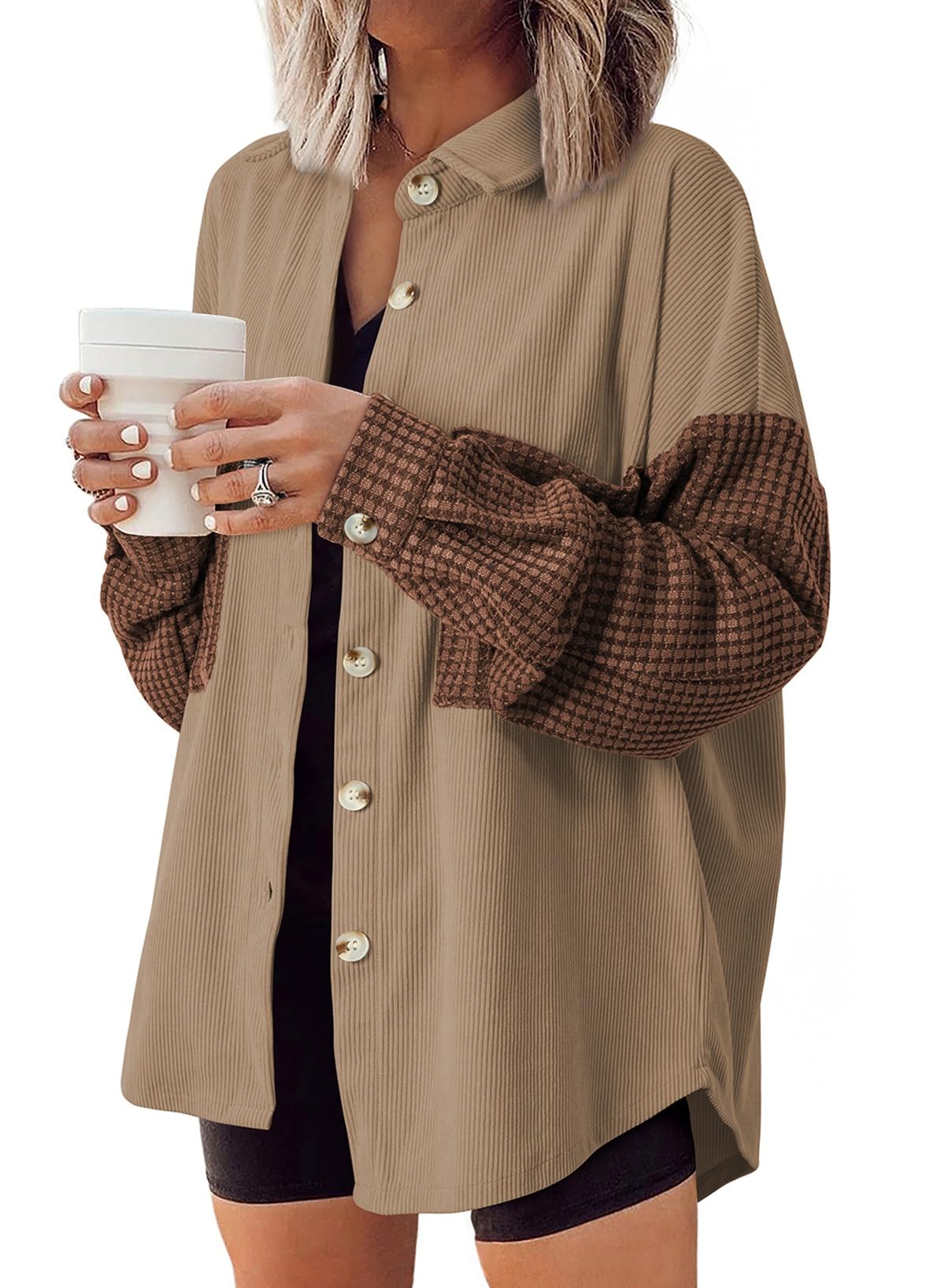 Stylish Women's 2024 Corduroy Shacket - Color Block Waffle Jacket with Long Sleeves & Button Down Design | Casual Winter Coat for Outdoors, Work & Everyday Wear